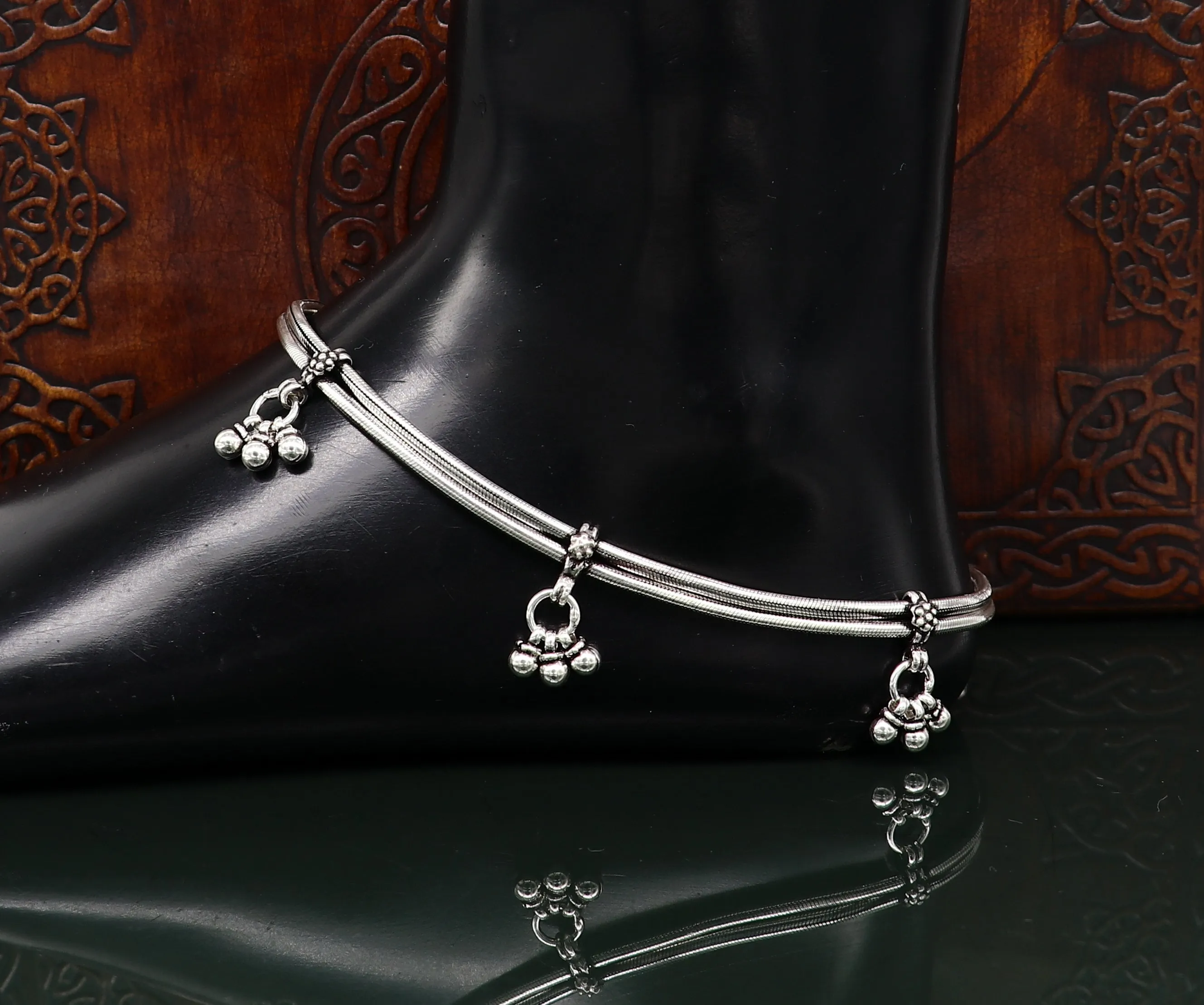 10.5" 925 Sterling silver Vintage antique snake style handmade anklet, ankle bracelet, foot bracelet with hanging bells belly jewelry ank431