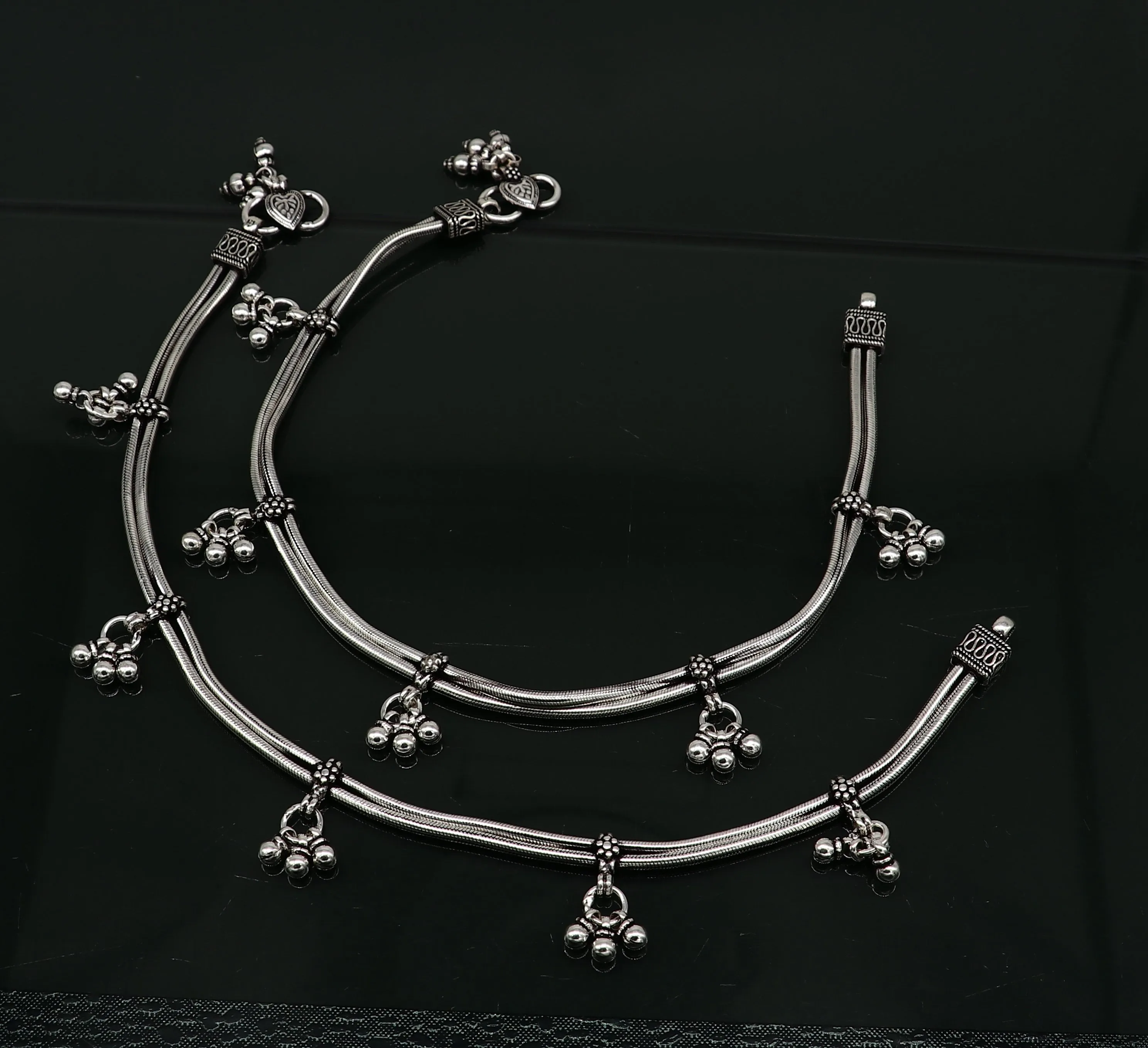 10.5" 925 Sterling silver Vintage antique snake style handmade anklet, ankle bracelet, foot bracelet with hanging bells belly jewelry ank431