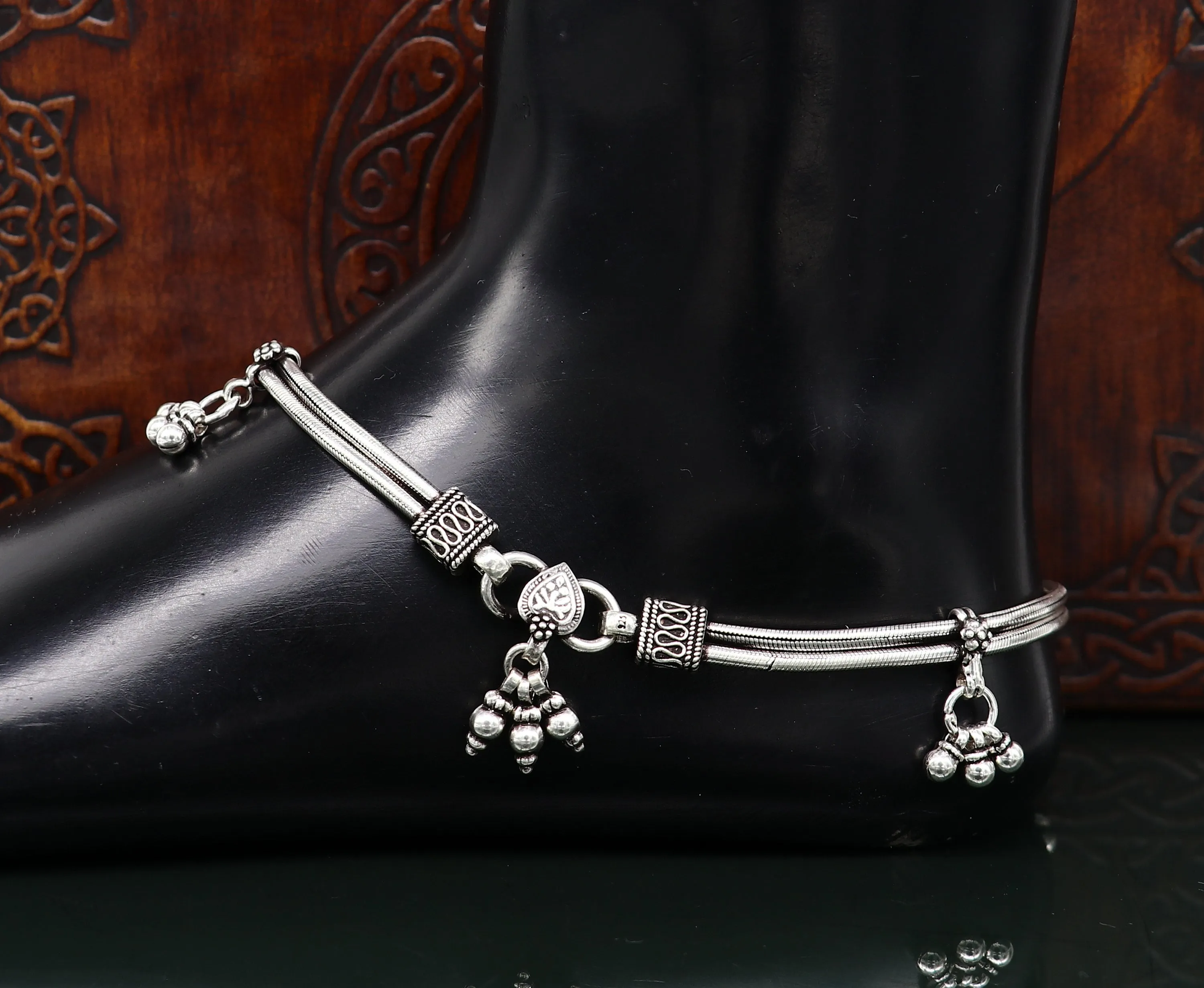 10.5" 925 Sterling silver Vintage antique snake style handmade anklet, ankle bracelet, foot bracelet with hanging bells belly jewelry ank431