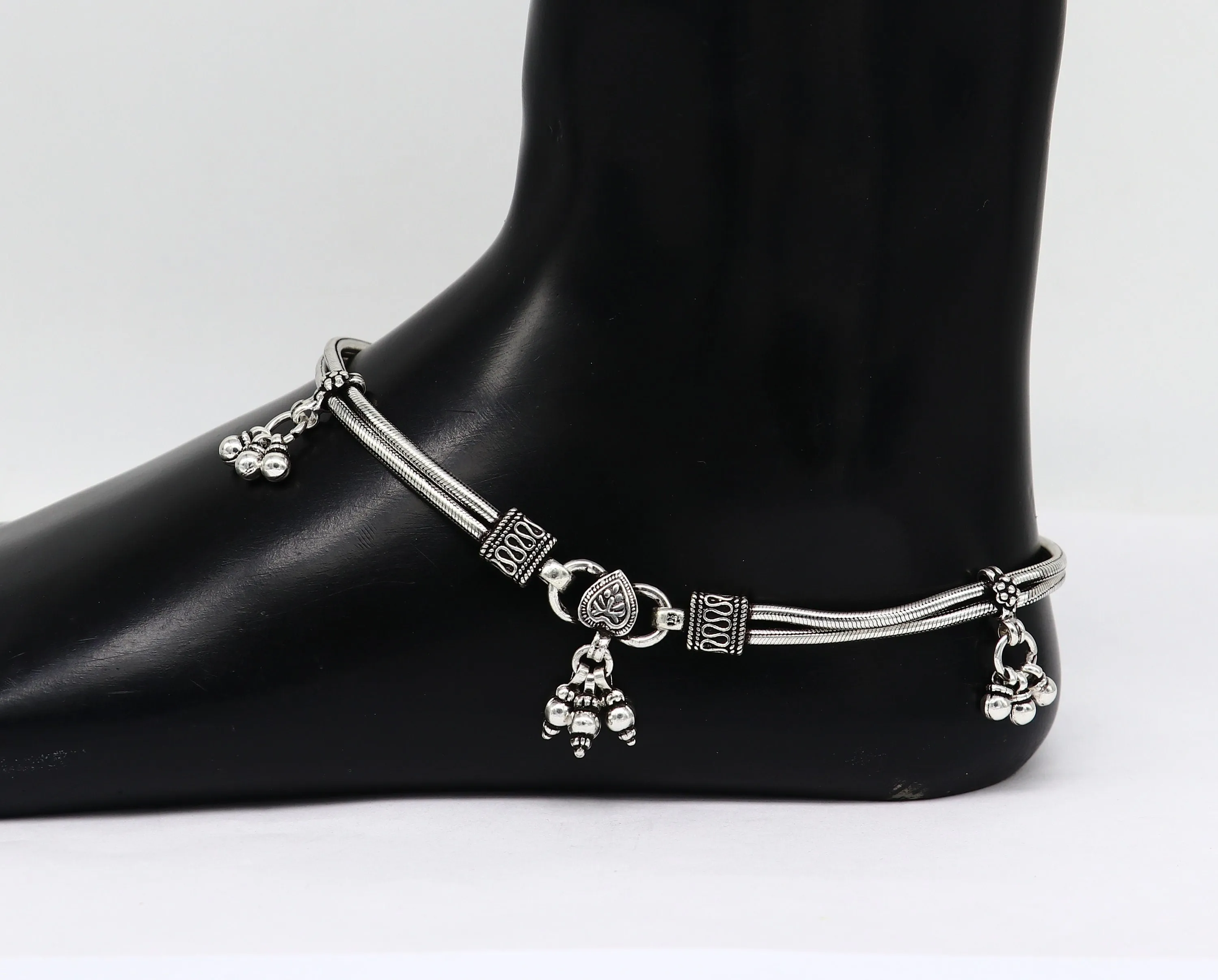 10.5" 925 Sterling silver Vintage antique snake style handmade anklet, ankle bracelet, foot bracelet with hanging bells belly jewelry ank431