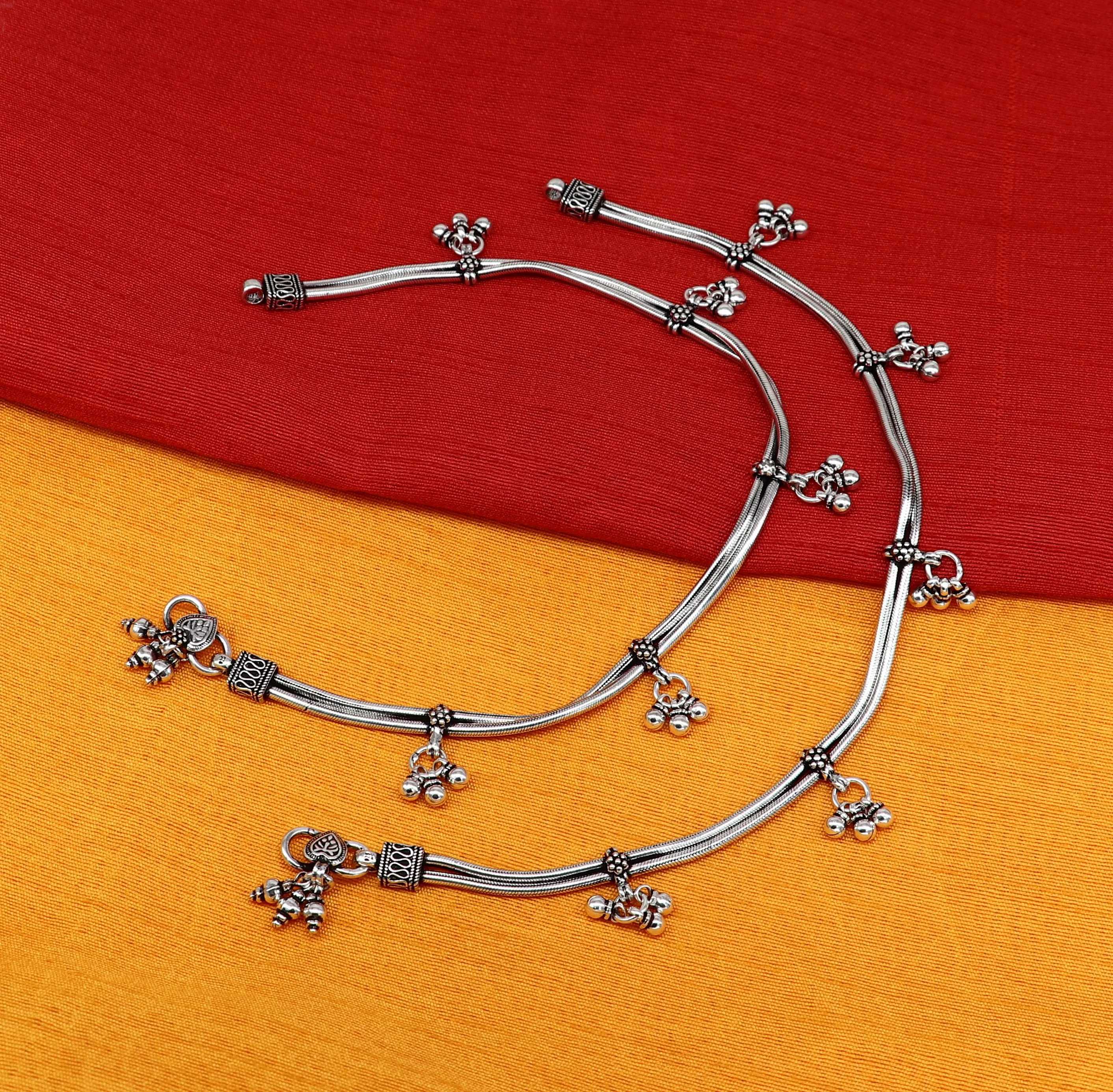 10.5" 925 Sterling silver Vintage antique snake style handmade anklet, ankle bracelet, foot bracelet with hanging bells belly jewelry ank431