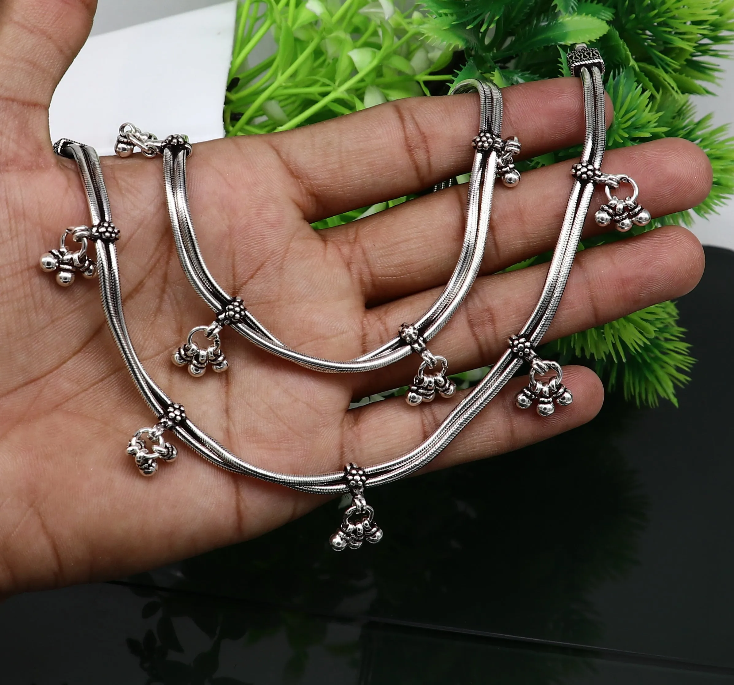 10.5" 925 Sterling silver Vintage antique snake style handmade anklet, ankle bracelet, foot bracelet with hanging bells belly jewelry ank431