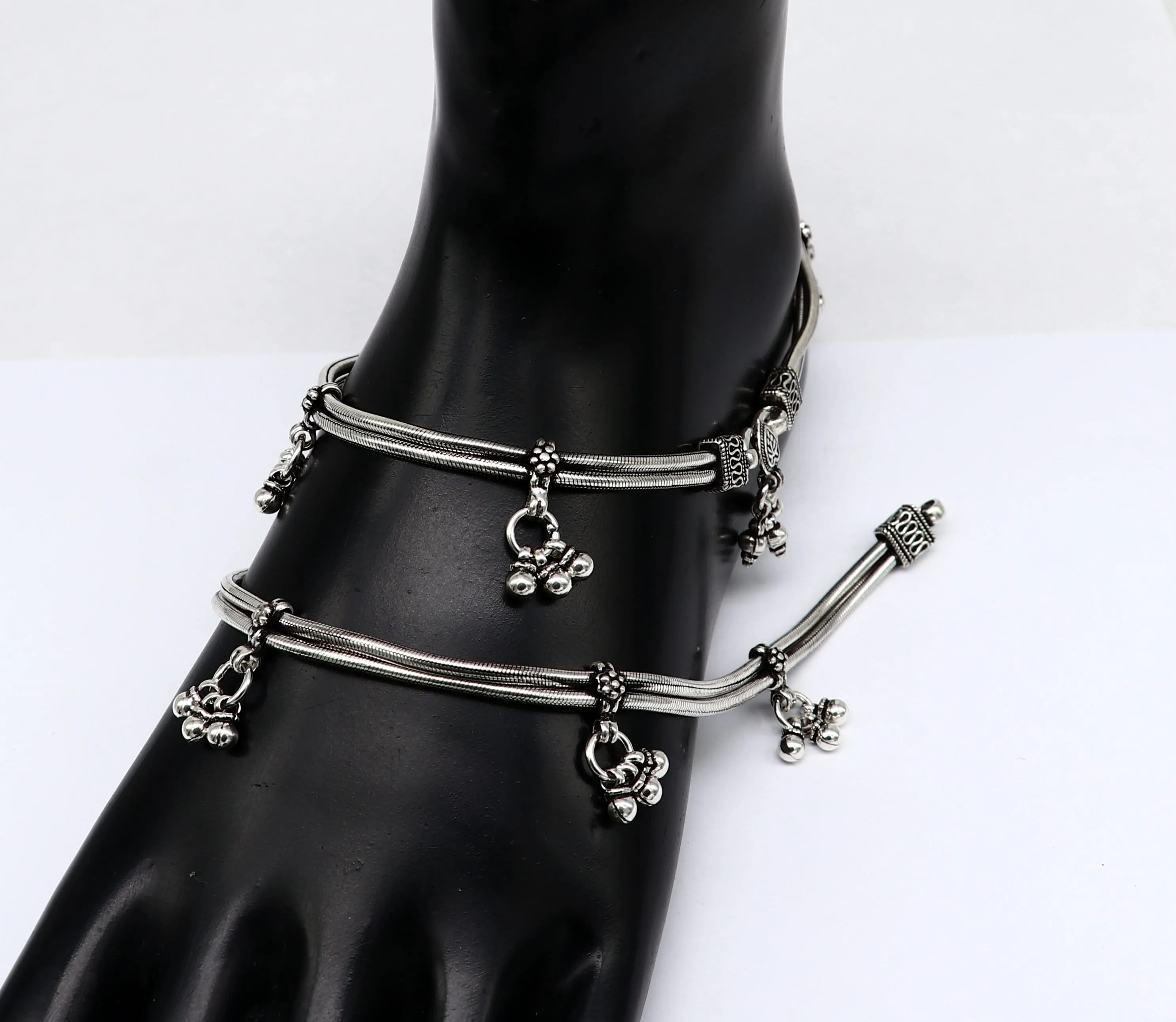 10.5" 925 Sterling silver Vintage antique snake style handmade anklet, ankle bracelet, foot bracelet with hanging bells belly jewelry ank431