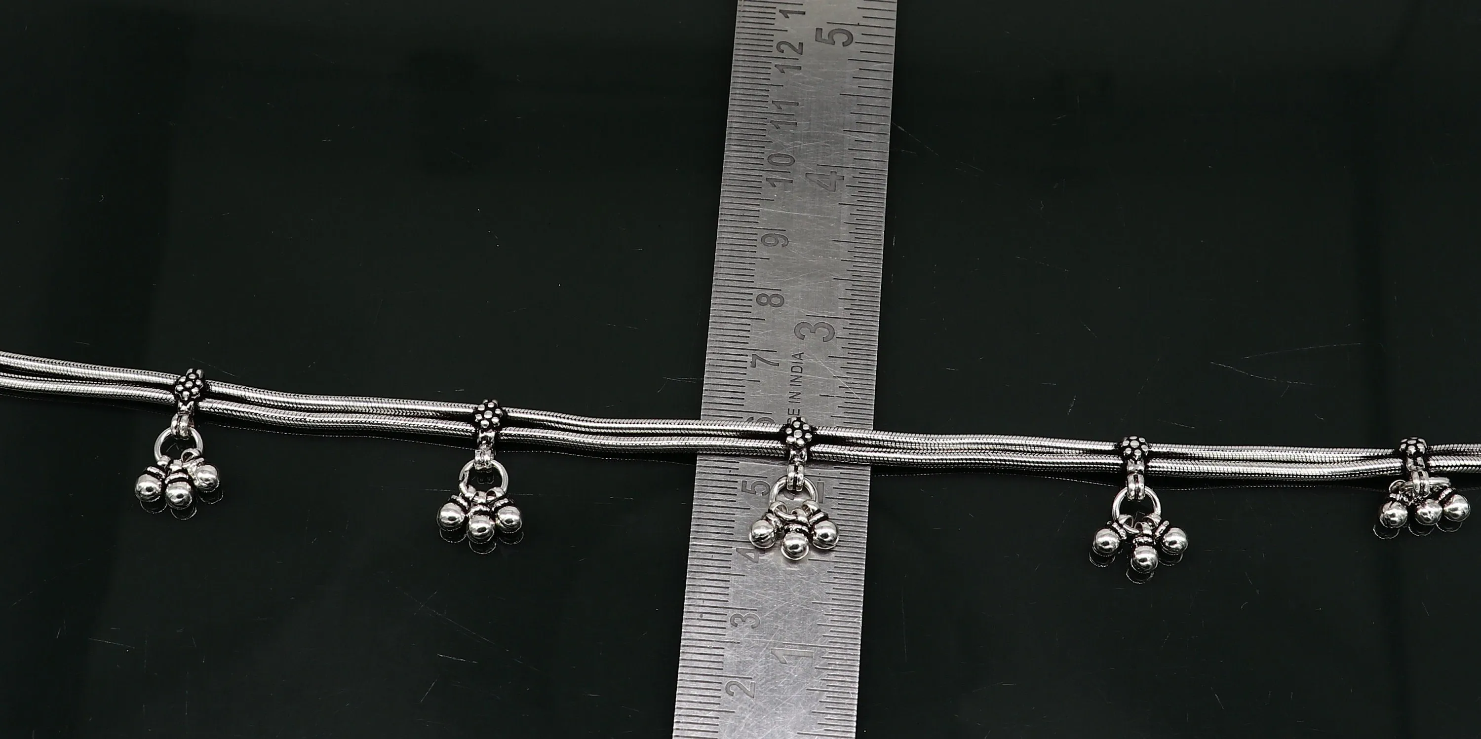 10.5" 925 Sterling silver Vintage antique snake style handmade anklet, ankle bracelet, foot bracelet with hanging bells belly jewelry ank431