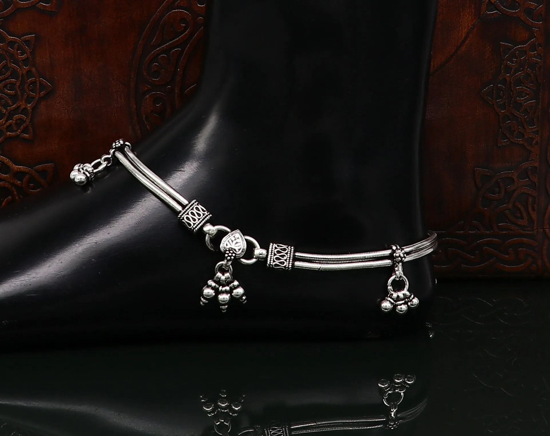 10.5" 925 Sterling silver Vintage antique snake style handmade anklet, ankle bracelet, foot bracelet with hanging bells belly jewelry ank431