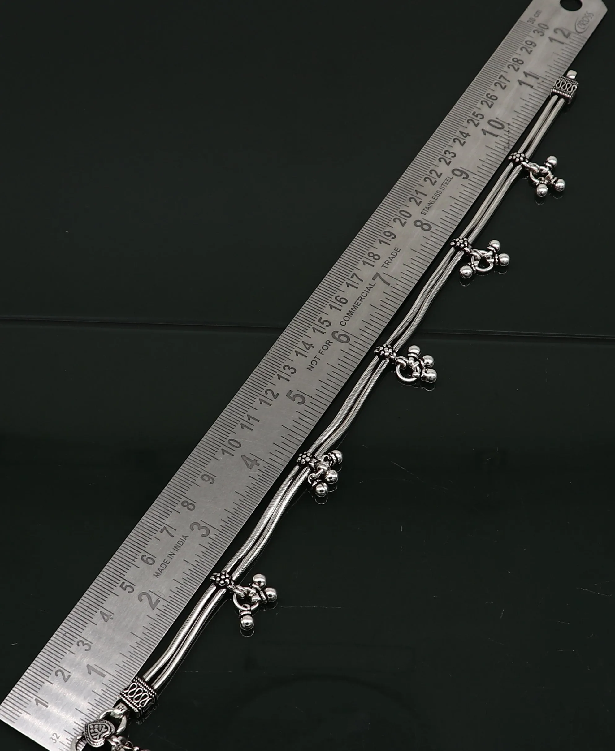 10.5" 925 Sterling silver Vintage antique snake style handmade anklet, ankle bracelet, foot bracelet with hanging bells belly jewelry ank431