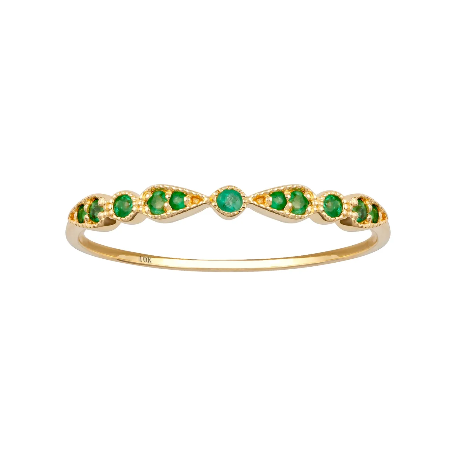 10k Yellow Gold Genuine Round Emerald Vintage Style Stackable Band