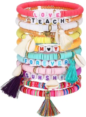 12pcs set Women's Cordless Bohemian Multi layer Colorful Jewelry Elastic Adjustable Bracelet Set Party Gift for women