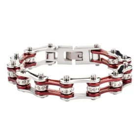 1/2" Wide Two Tone Silver Candy Red with White Crystal Rollers Stainless Steel Motorcycle Bike Chain Bracelet