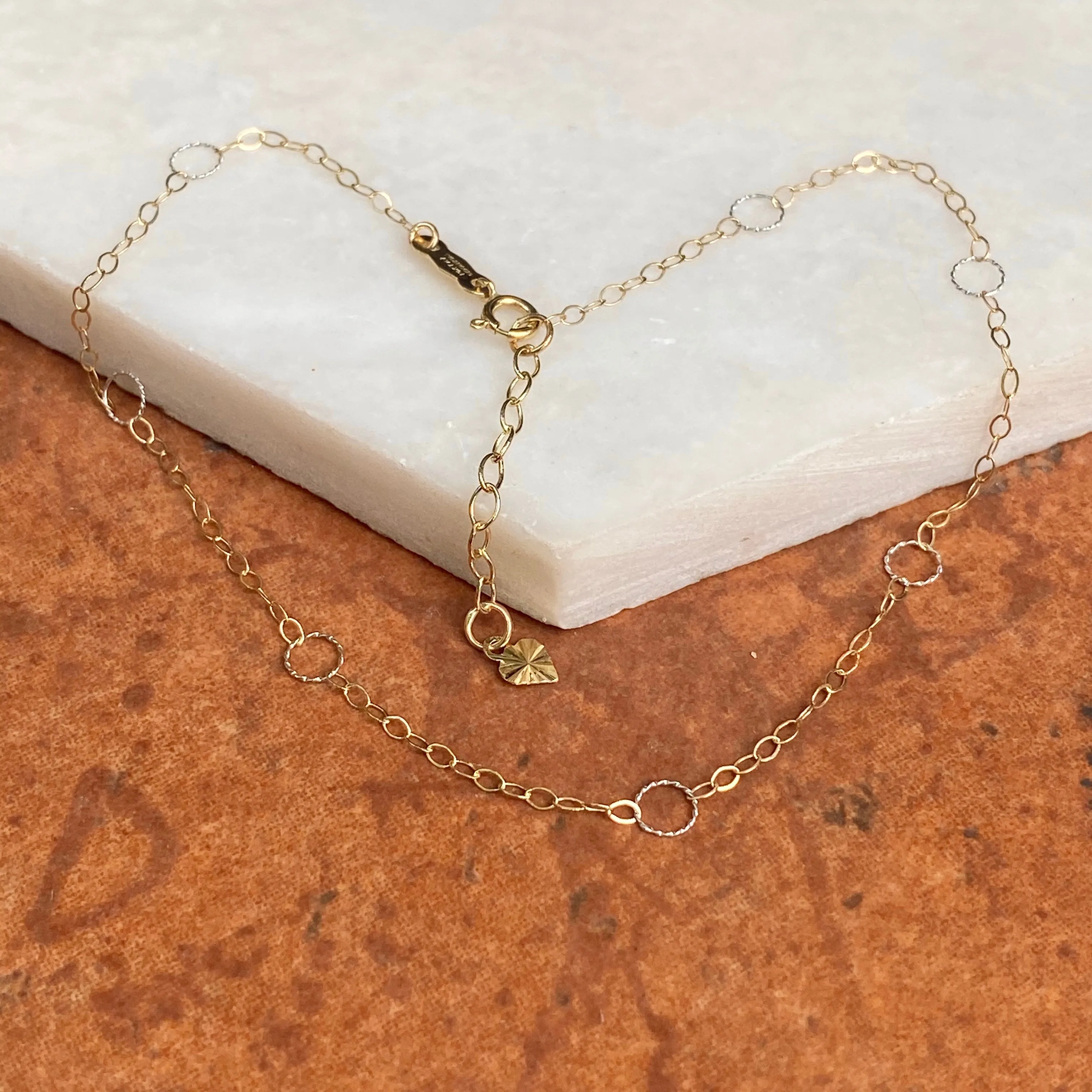 14KT Yellow Gold   White Gold Open Link Circles Chain Anklet