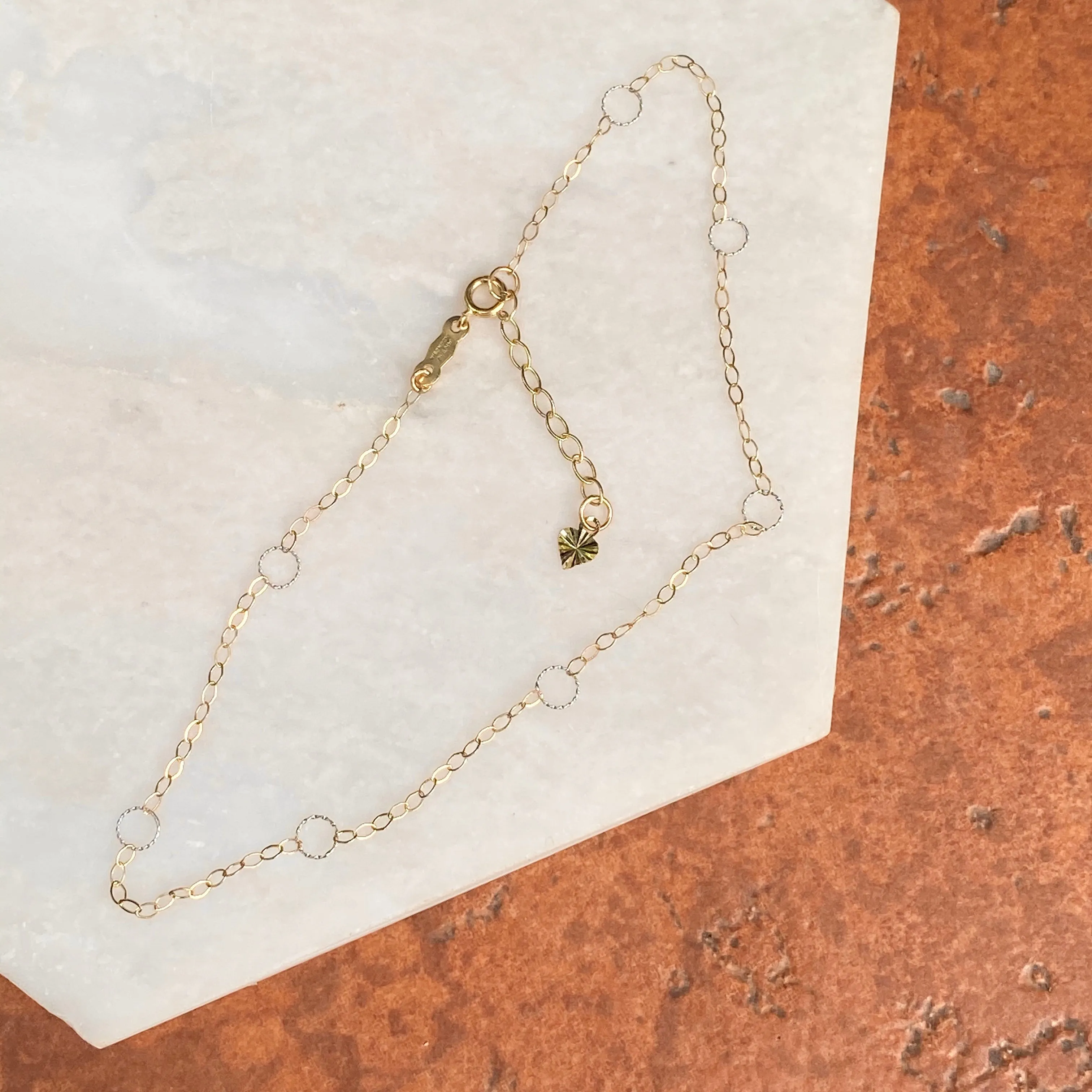 14KT Yellow Gold   White Gold Open Link Circles Chain Anklet
