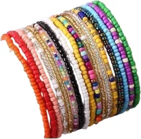 17Pcs Elastic Colorful Beaded Bracelets Anklet Set Handmade Bracelets Bohemian Stackable Rainbow Multi-Strand Elastic Stretch Boho Beach Seed Beach Bracelet Summer Jewelry