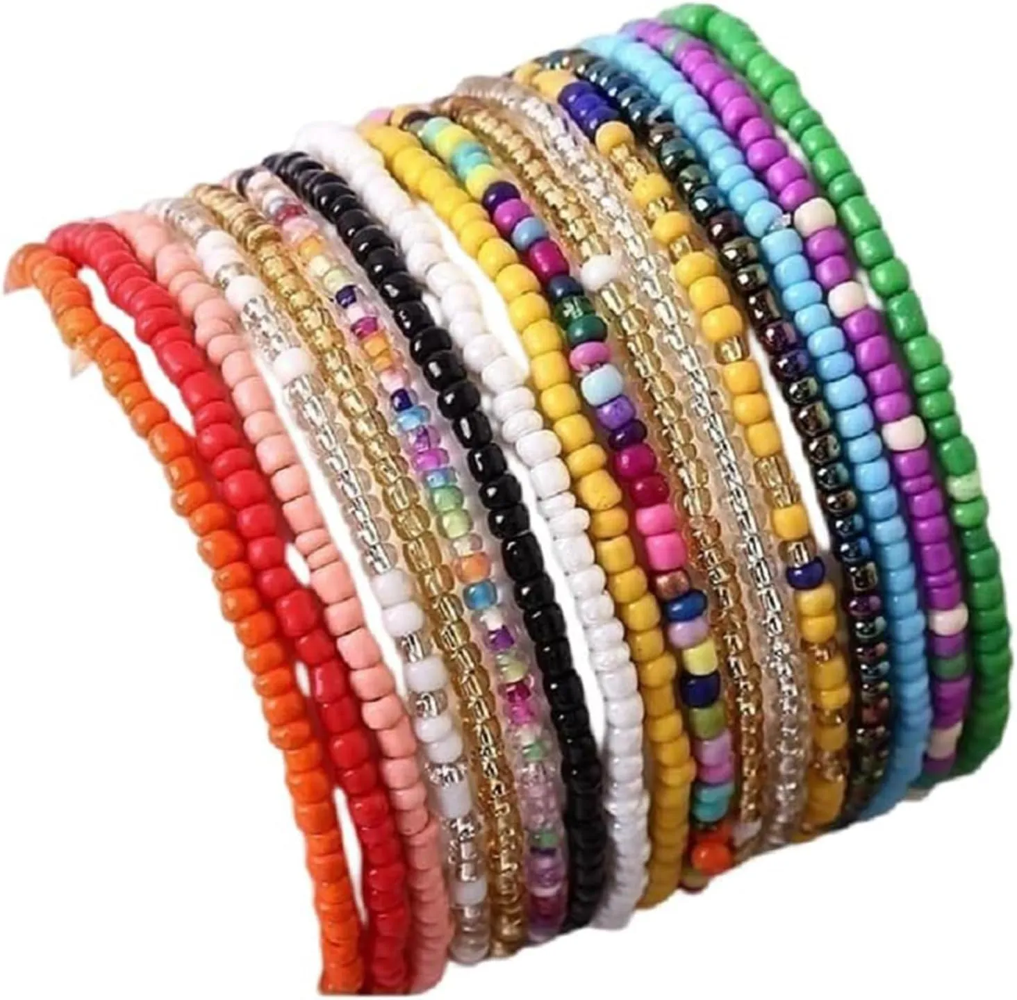 17Pcs Elastic Colorful Beaded Bracelets Anklet Set Handmade Bracelets Bohemian Stackable Rainbow Multi-Strand Elastic Stretch Boho Beach Seed Beach Bracelet Summer Jewelry