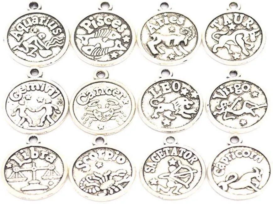24 PCS Metal Zodiac Charms for Jewelry Making Vintage Constellation Pendant Beads for DIY Bracelet Necklace