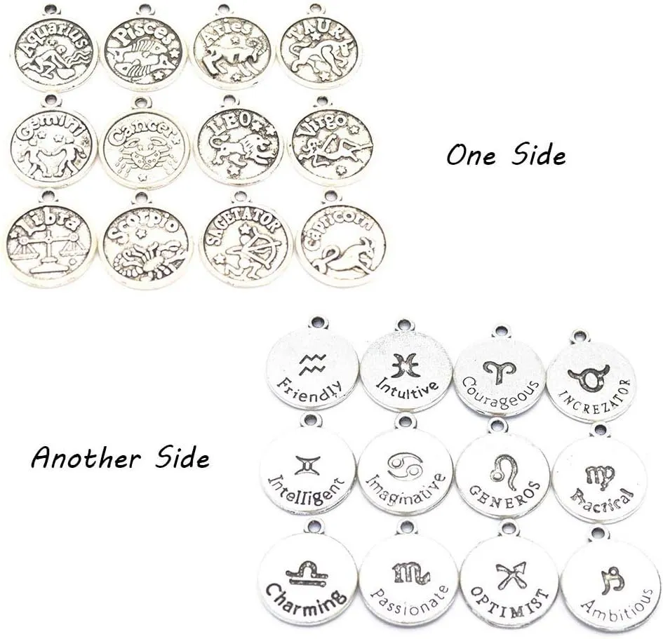 24 PCS Metal Zodiac Charms for Jewelry Making Vintage Constellation Pendant Beads for DIY Bracelet Necklace