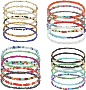 24PCS Boho Beaded Anklet for Women - Colorful Elastic Ankle Bracelet - Handmade Adjustable African Beach Anklets - Boho Style for Girls