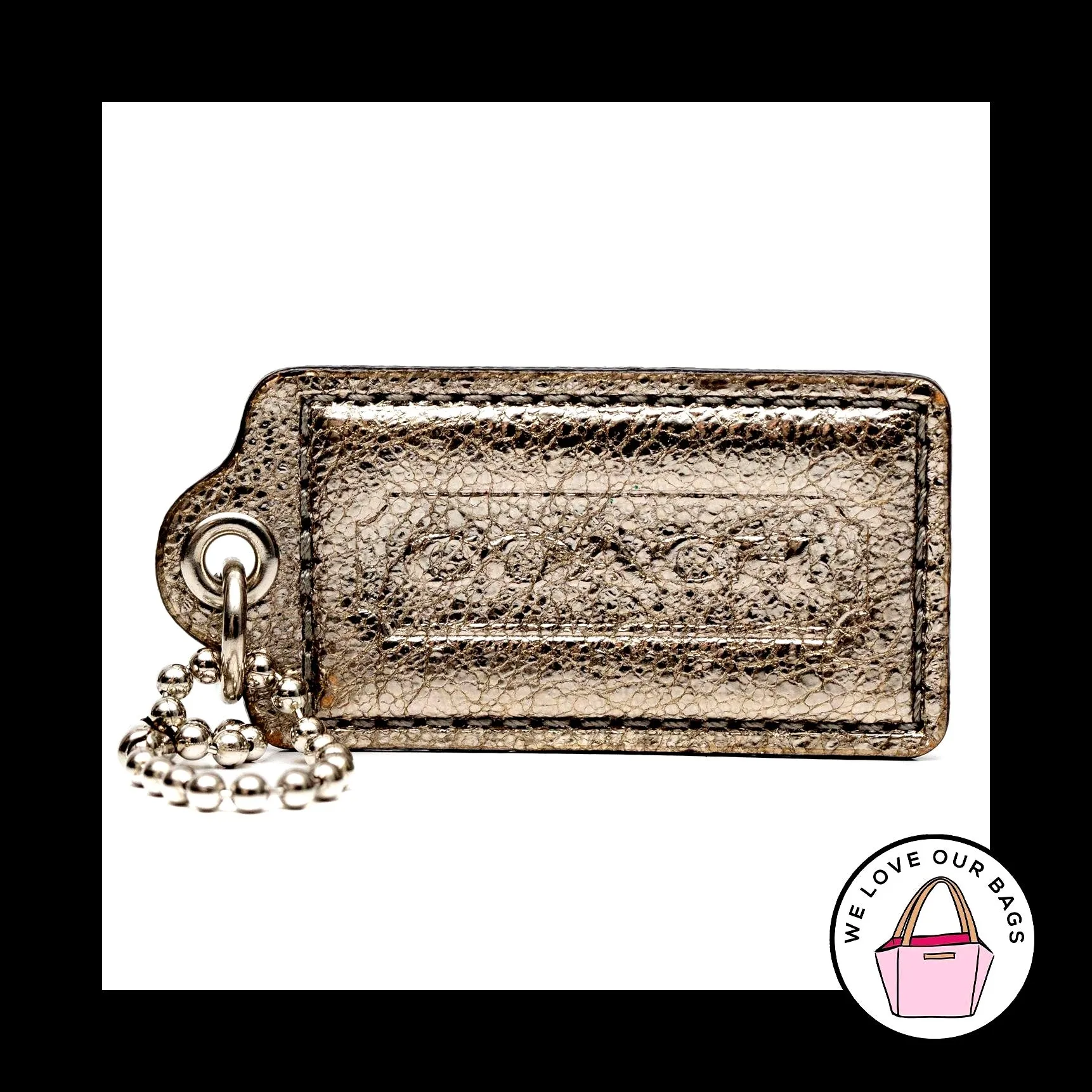 2.5" COACH Silver Metallic CRACKLE LEATHER Key Fob Bag Charm Keychain Hang Tag