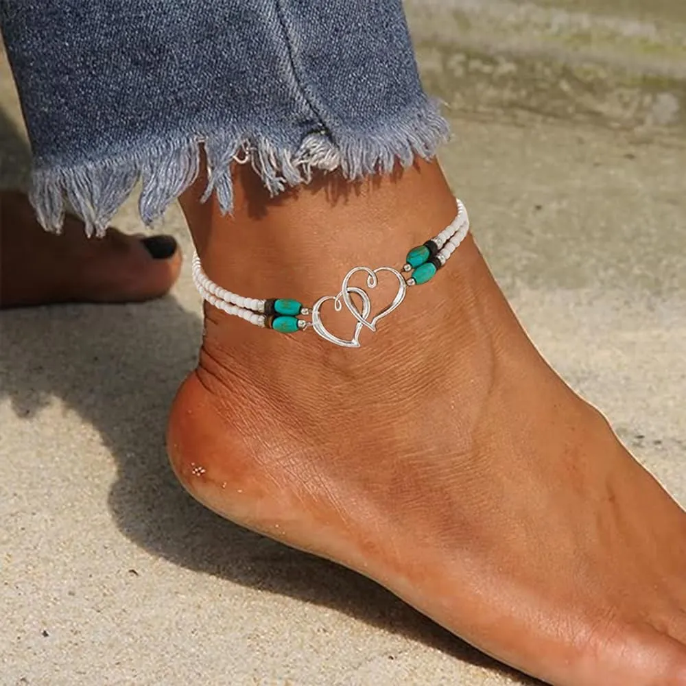 2PCS Beaded Anklets for Women with Silver Double Heart Stretch Elastic Ankle Bracelets for Women Summer Boho Jewelry