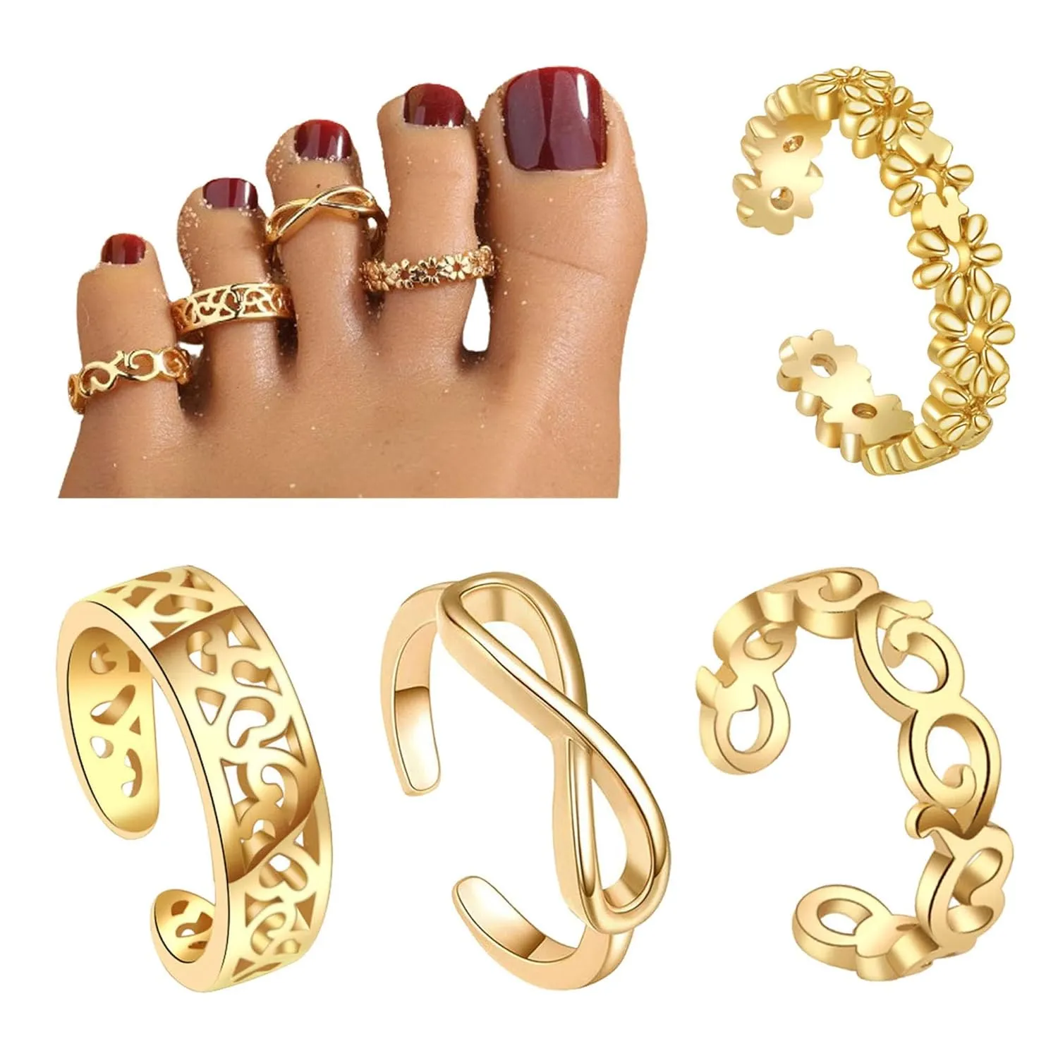 4Pcs 14K Adjustable Gold Boho Toe Ring Open Size Tarnish Free Toe Rings Jewelry for Women Teenage Girls Christmas Jewelry Gifts