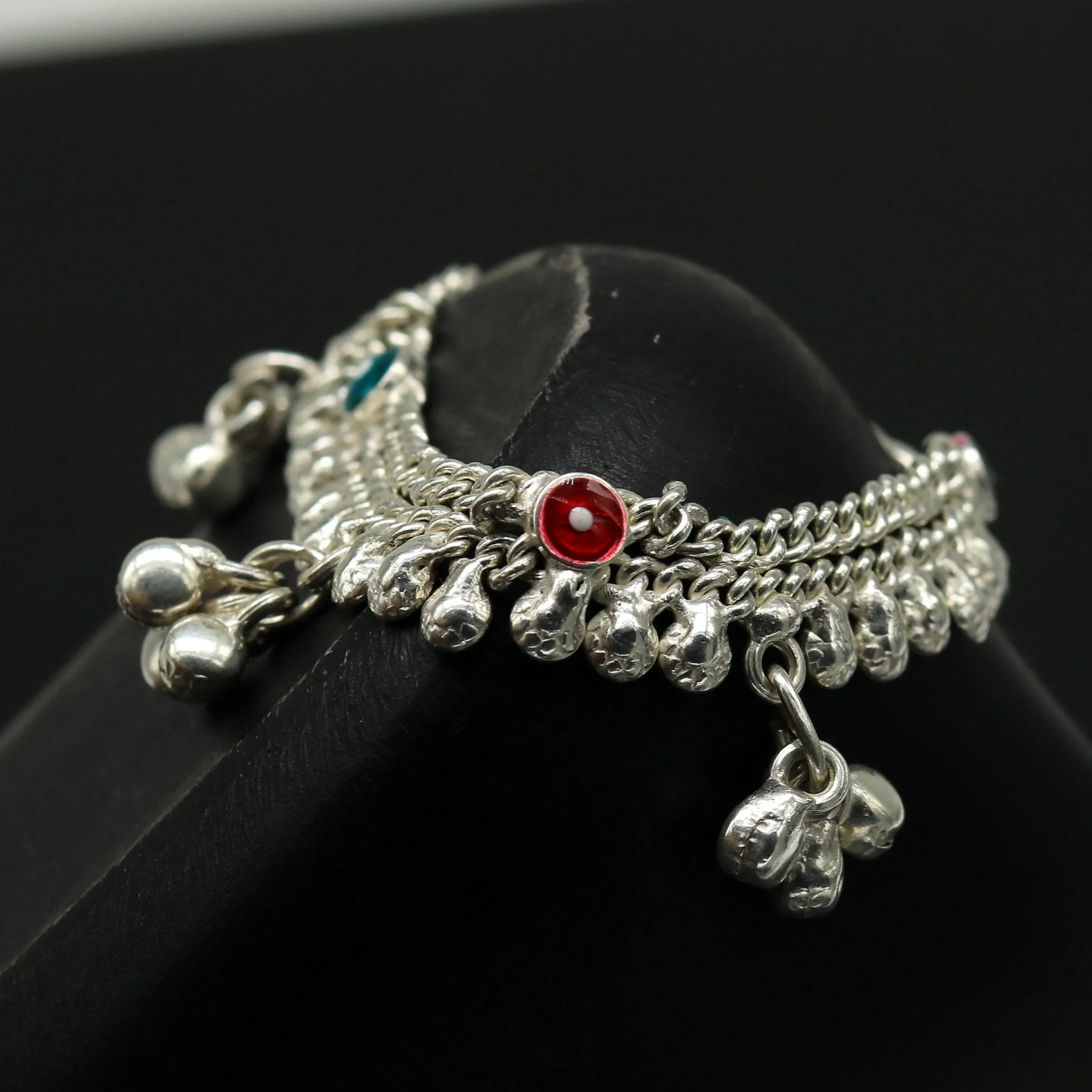 5.2" long Sterling silver handmade fabulous customized new born baby ankle bracelet with amazing hanging noisy bells gifting jewelry ank223