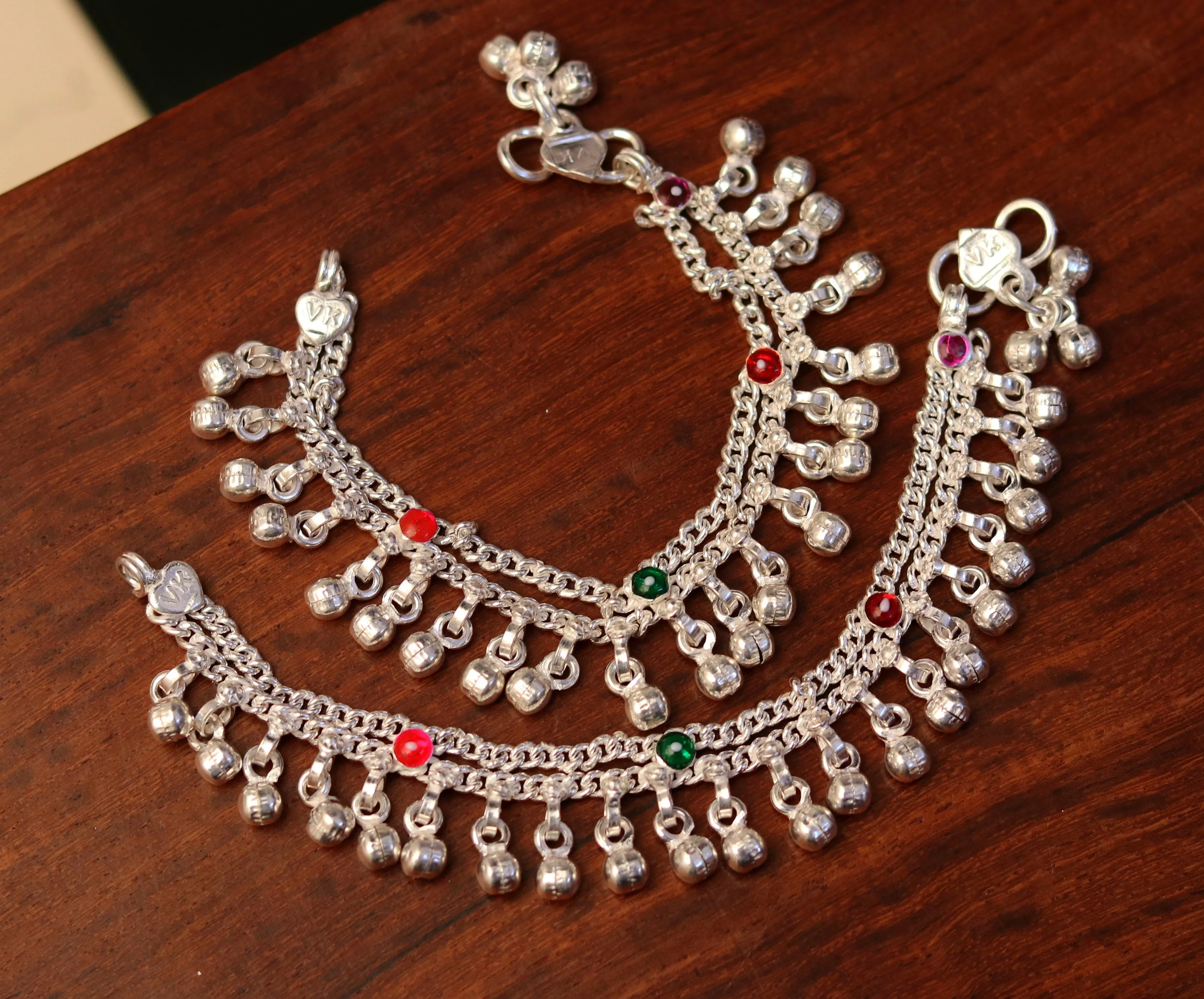 5.7" Handmade sterling silver baby anklets, excellent hanging noisy bells ghungroo, baby charm ankle bracelet,payal for kids jewelry ank162
