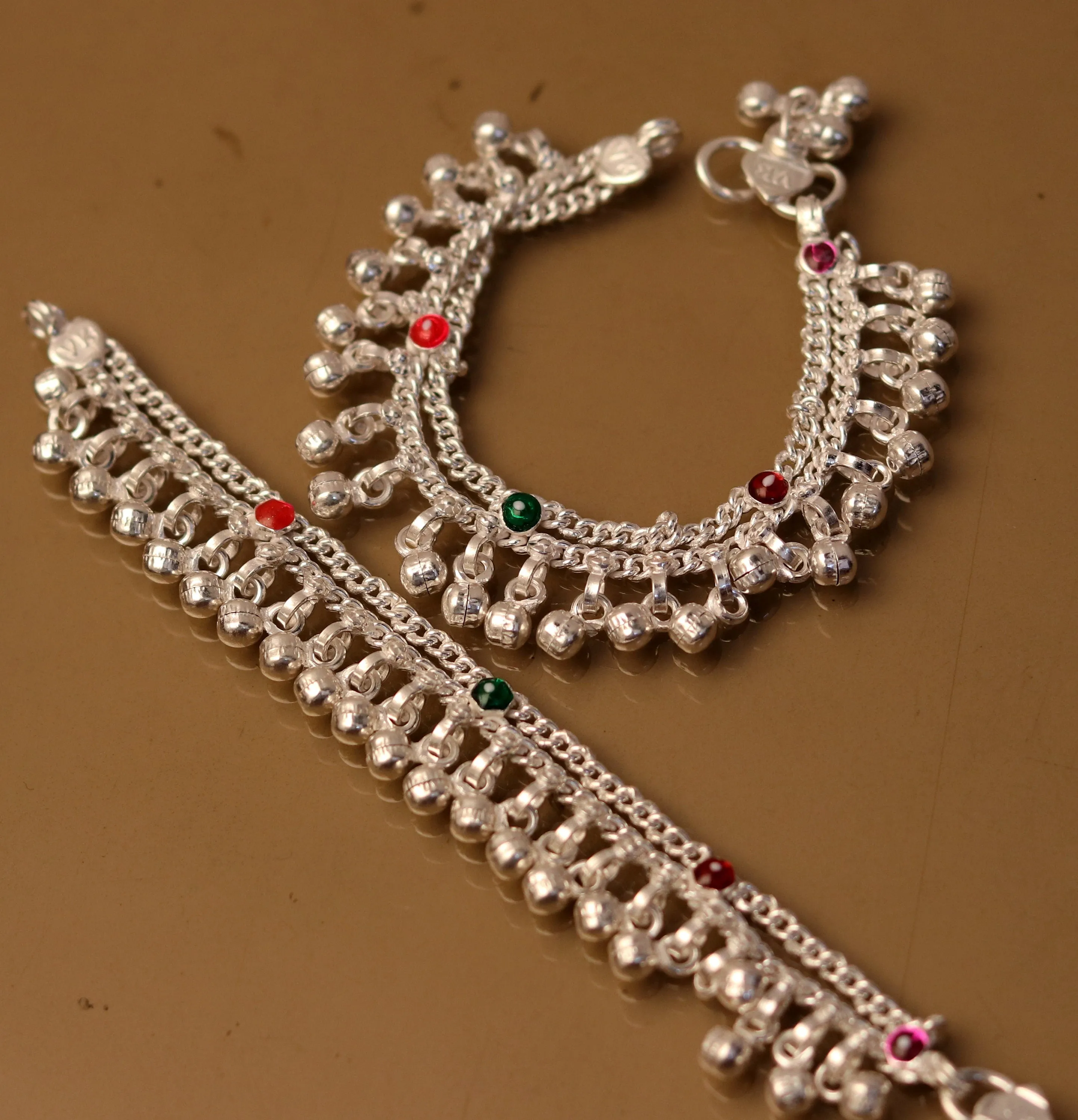 5.7" Handmade sterling silver baby anklets, excellent hanging noisy bells ghungroo, baby charm ankle bracelet,payal for kids jewelry ank162