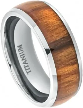 8mm Titanium Wedding Band Ring High Polished Domed with Santos Rosewood Inlay (9.5)