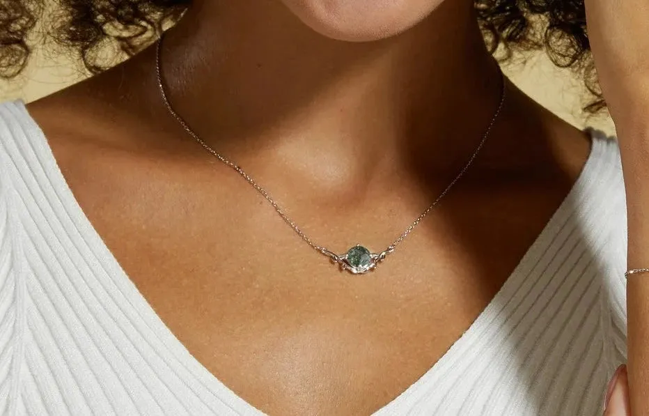 925 Silver 8*8mm Natural Moss Agate Necklace