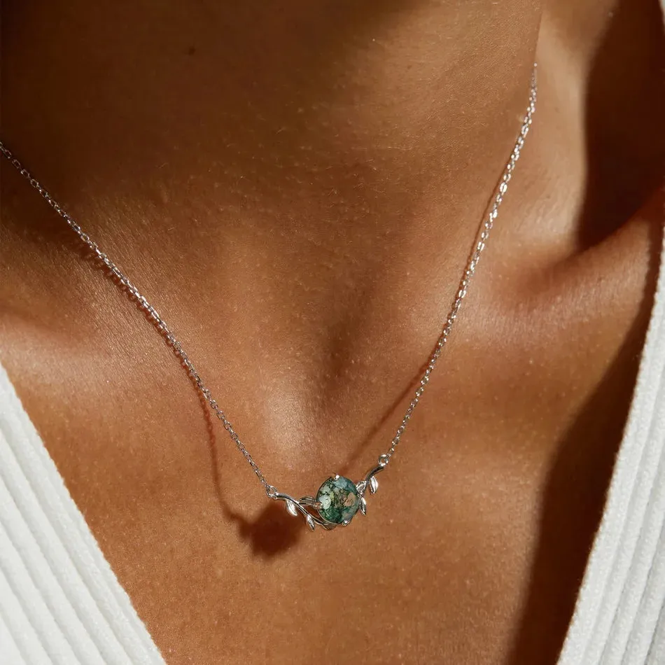925 Silver 8*8mm Natural Moss Agate Necklace