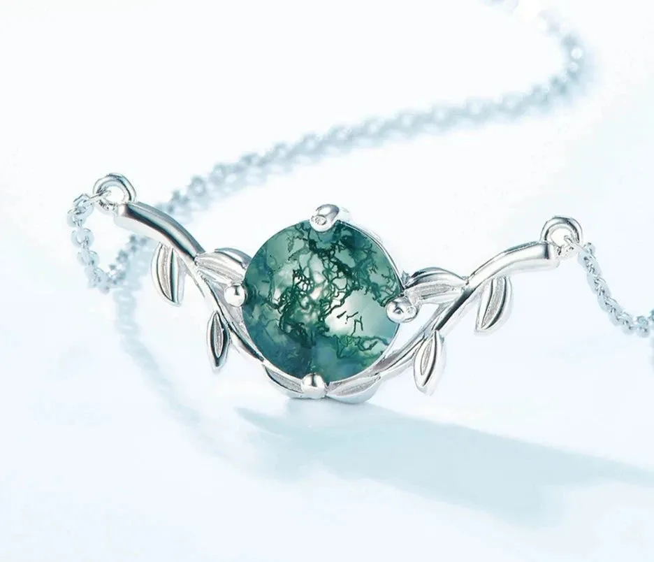 925 Silver 8*8mm Natural Moss Agate Necklace