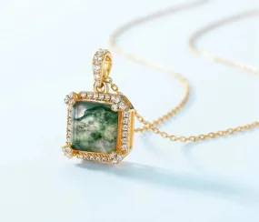 925 Silver 9*9mm Natural Moss Agate Pendant Chain