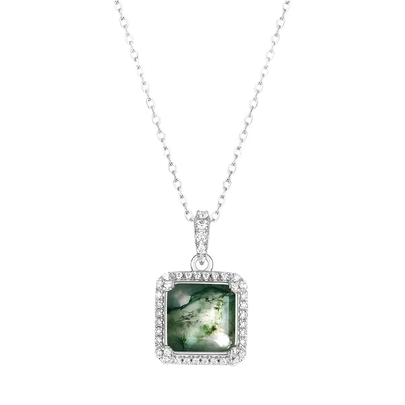 925 Silver 9*9mm Natural Moss Agate Pendant Chain