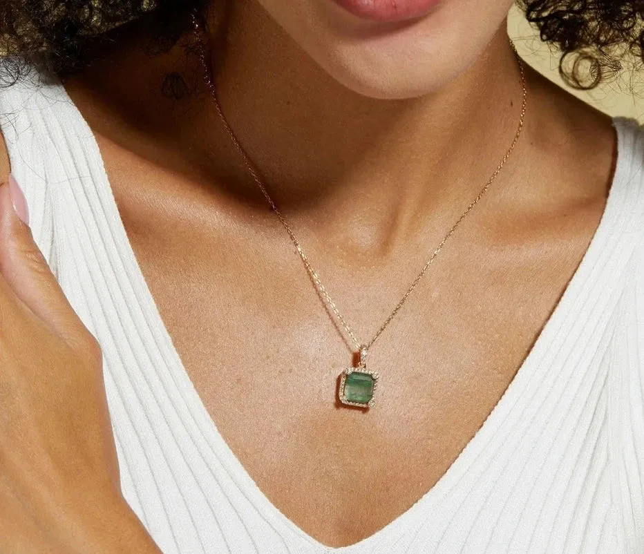 925 Silver 9*9mm Natural Moss Agate Pendant Chain