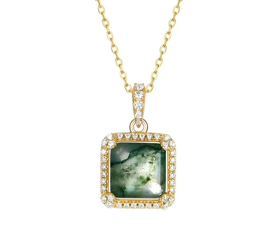 925 Silver 9*9mm Natural Moss Agate Pendant Chain