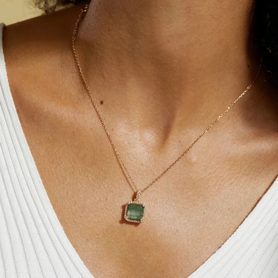 925 Silver 9*9mm Natural Moss Agate Pendant Chain