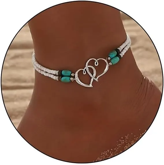 Ankle Bracelets for Women Elastic Beaded Anklets Double Hollow Hearts Stretch Ankle Bracelet Layered Beaded Anklet Dainty Boho Beach Anklets Cute Heart Foot Jewelry for Beach Party