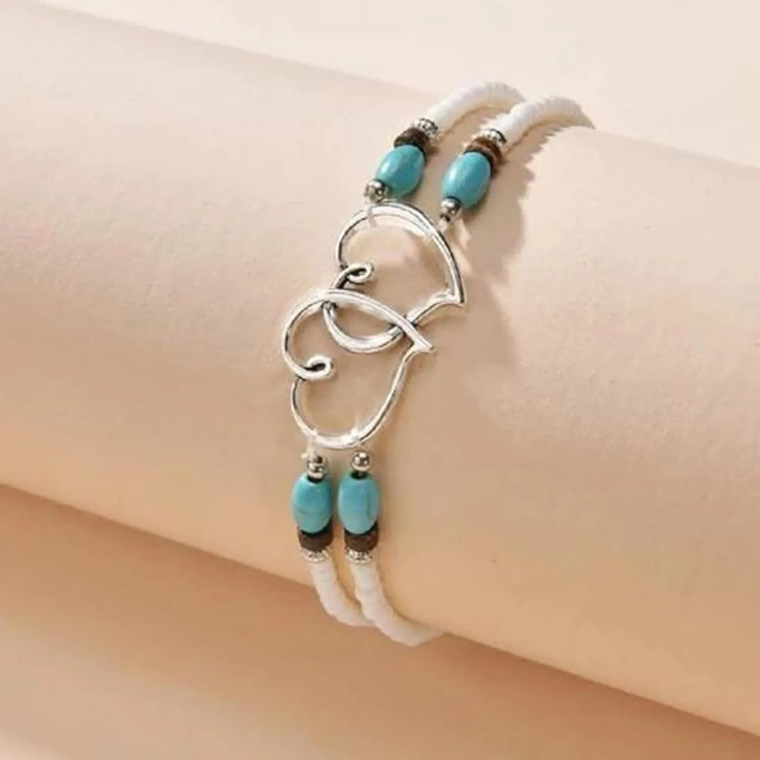 Ankle Bracelets for Women Elastic Beaded Anklets Double Hollow Hearts Stretch Ankle Bracelet Layered Beaded Anklet Dainty Boho Beach Anklets Cute Heart Foot Jewelry for Beach Party