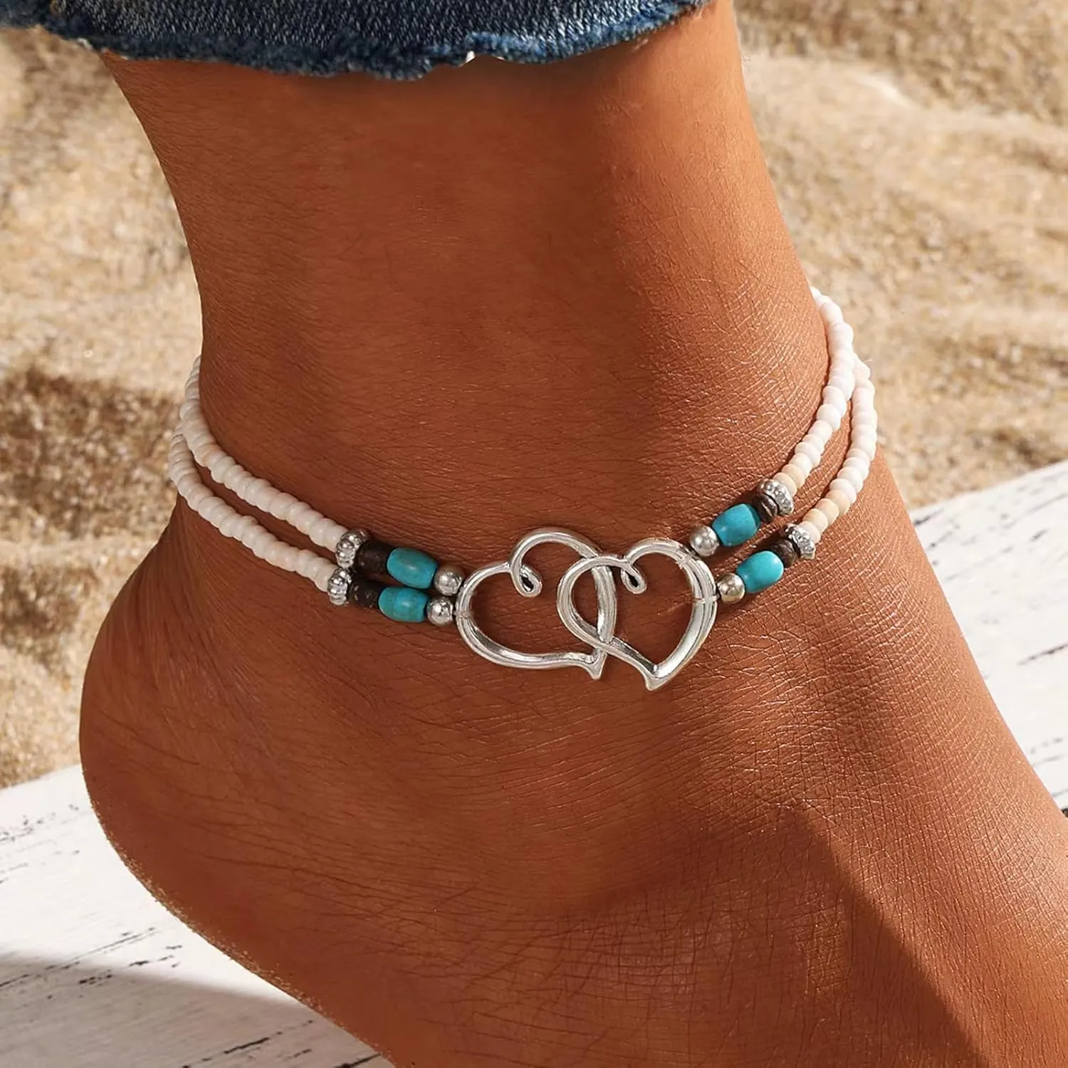 Ankle Bracelets for Women Elastic Beaded Anklets Double Hollow Hearts Stretch Ankle Bracelet Layered Beaded Anklet Dainty Boho Beach Anklets Cute Heart Foot Jewelry for Beach Party
