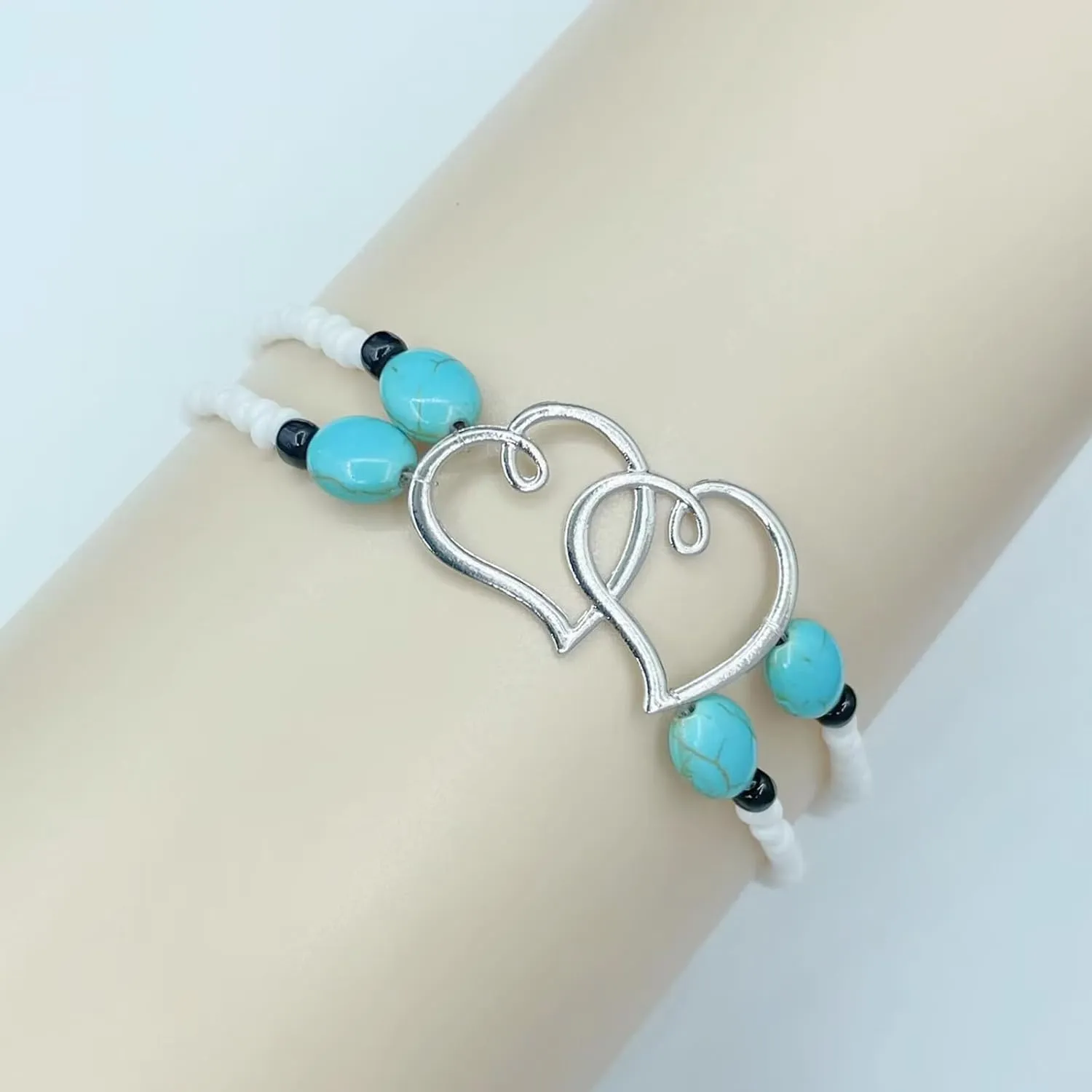 Ankle Bracelets for Women Elastic Beaded Anklets Double Hollow Hearts Stretch Ankle Bracelet Layered Beaded Anklet Dainty Boho Beach Anklets Cute Heart Foot Jewelry for Beach Party