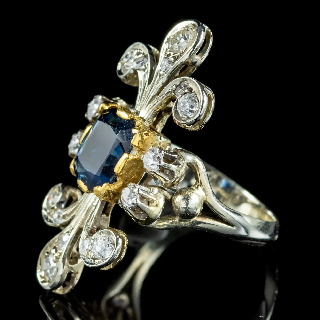 Antique French Edwardian Ring Australian Sapphire Diamond Circa 1915