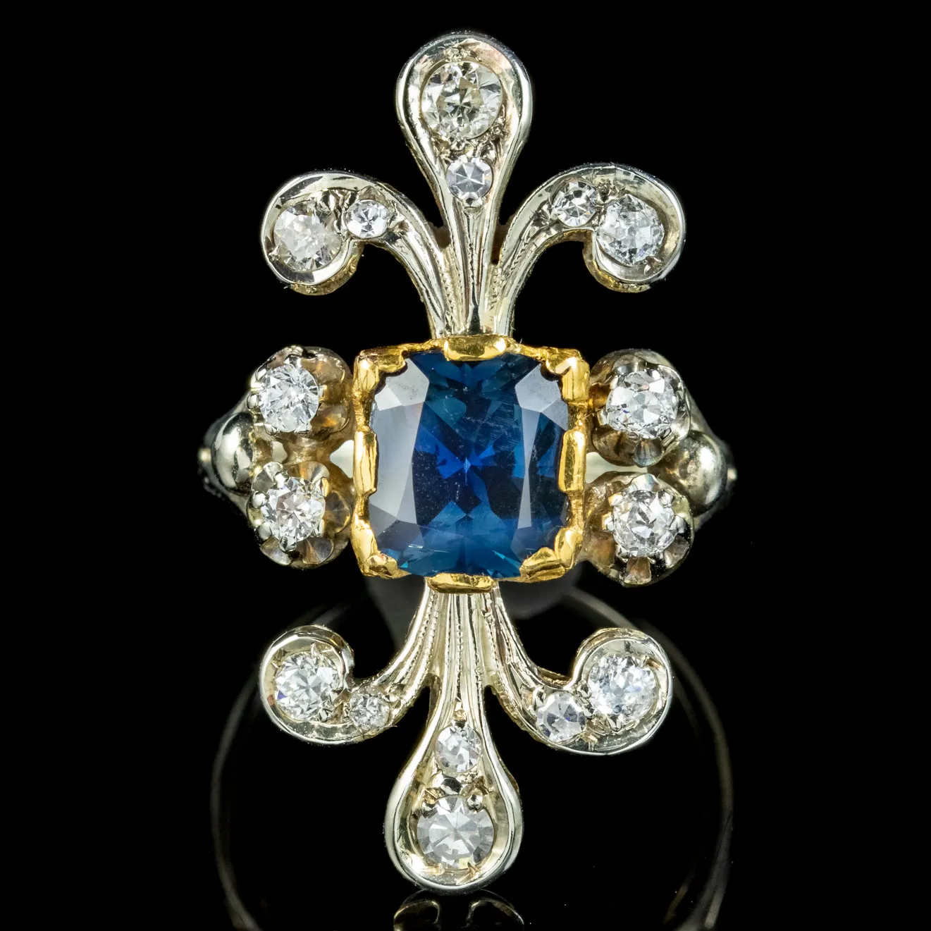 Antique French Edwardian Ring Australian Sapphire Diamond Circa 1915