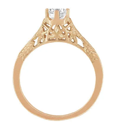 Art Deco Crown of Leaves Vintage Filigree 0.50 Carat Diamond Solitaire Engagement Ring in 14 Karat Rose Gold