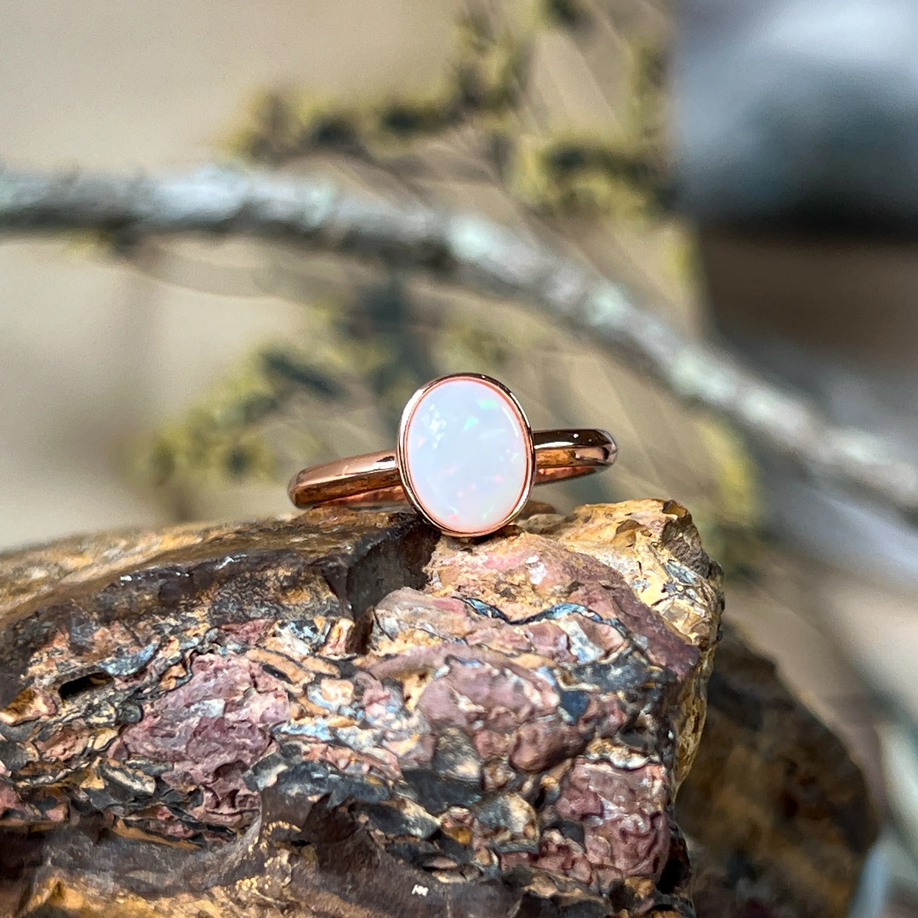 Bezel-Set Solitaire White Opal Ring - 10x8mm, Rose Gold-Plated Sterling Silver, Elegant Minimalist Jewelry, Perfect Gift for Her