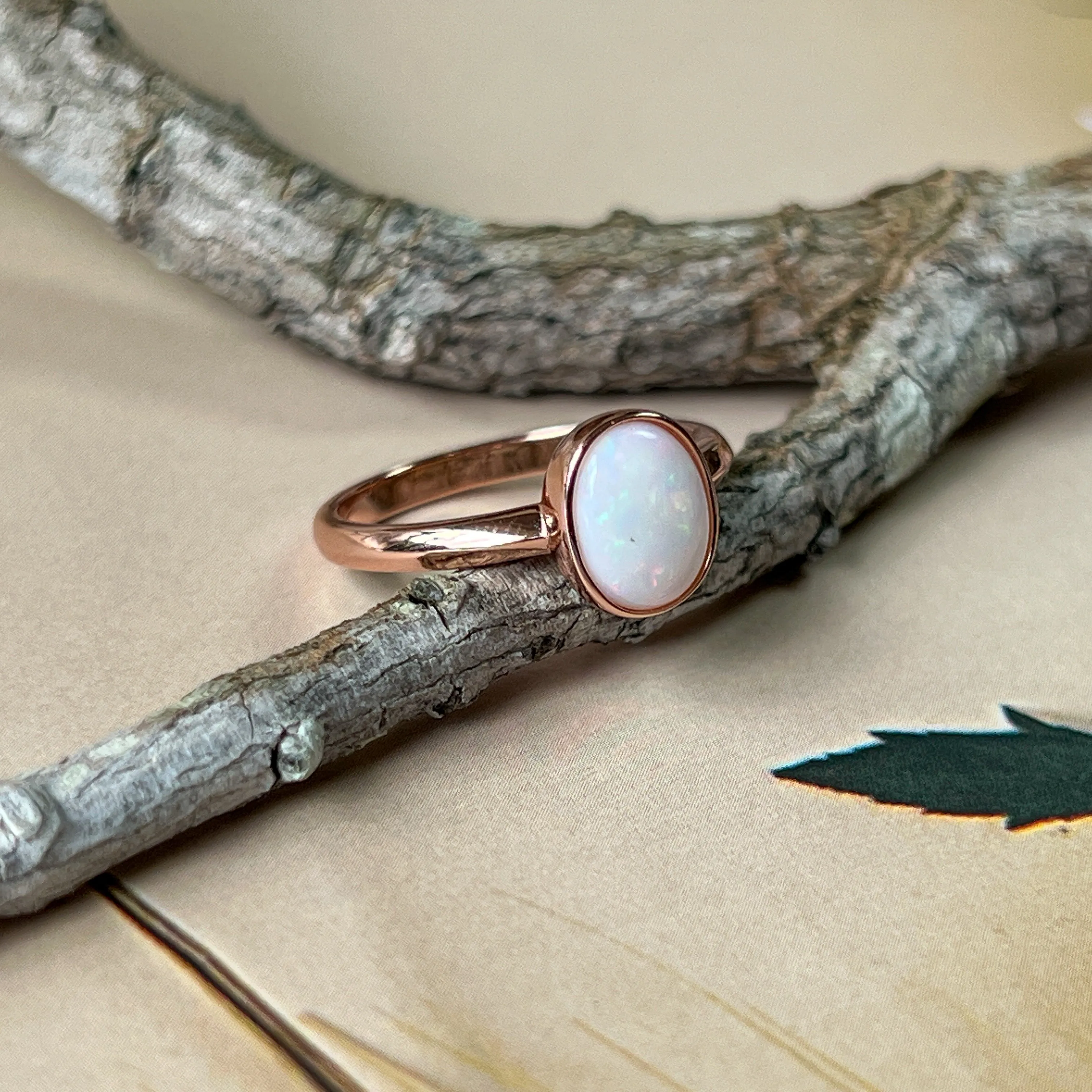 Bezel-Set Solitaire White Opal Ring - 10x8mm, Rose Gold-Plated Sterling Silver, Elegant Minimalist Jewelry, Perfect Gift for Her