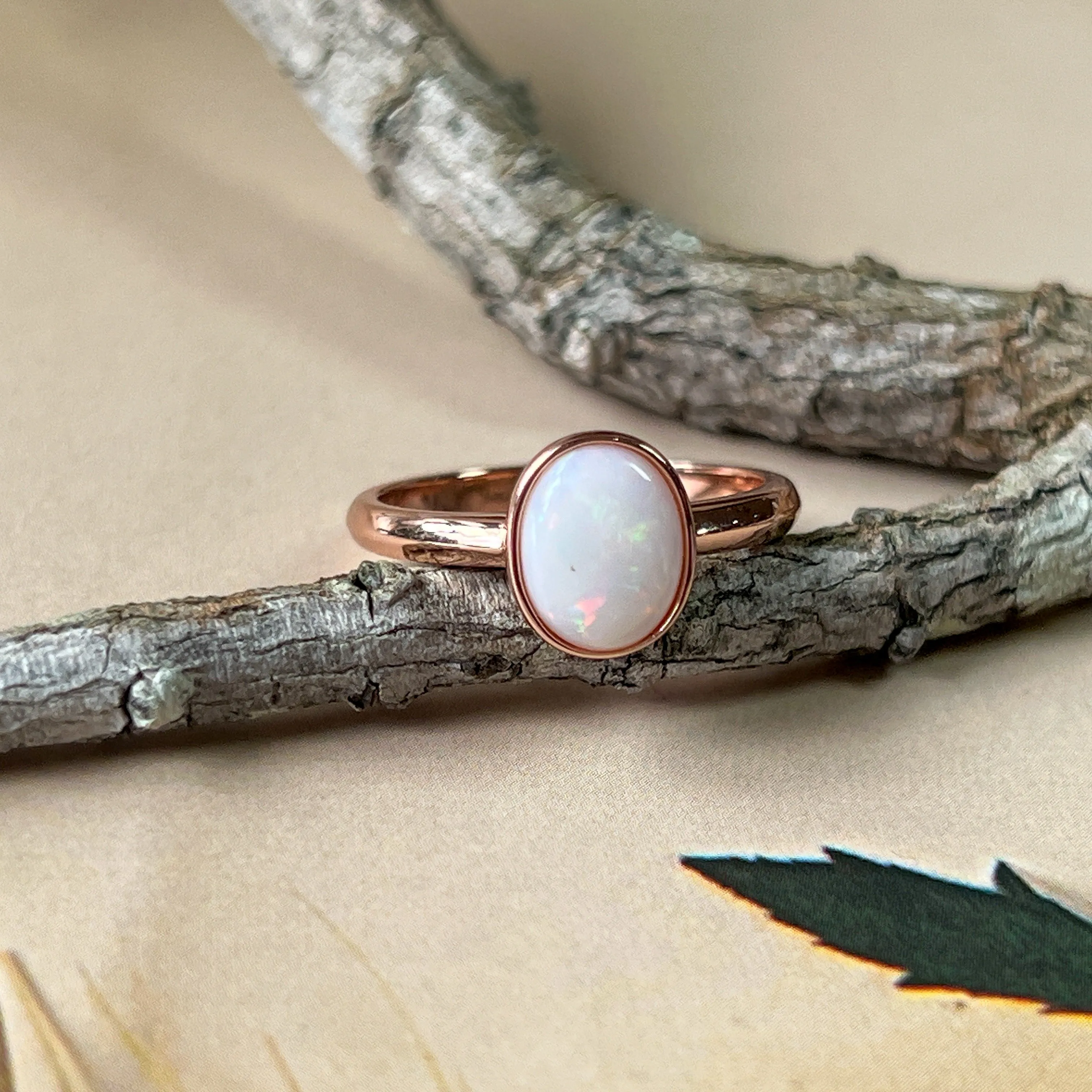 Bezel-Set Solitaire White Opal Ring - 10x8mm, Rose Gold-Plated Sterling Silver, Elegant Minimalist Jewelry, Perfect Gift for Her