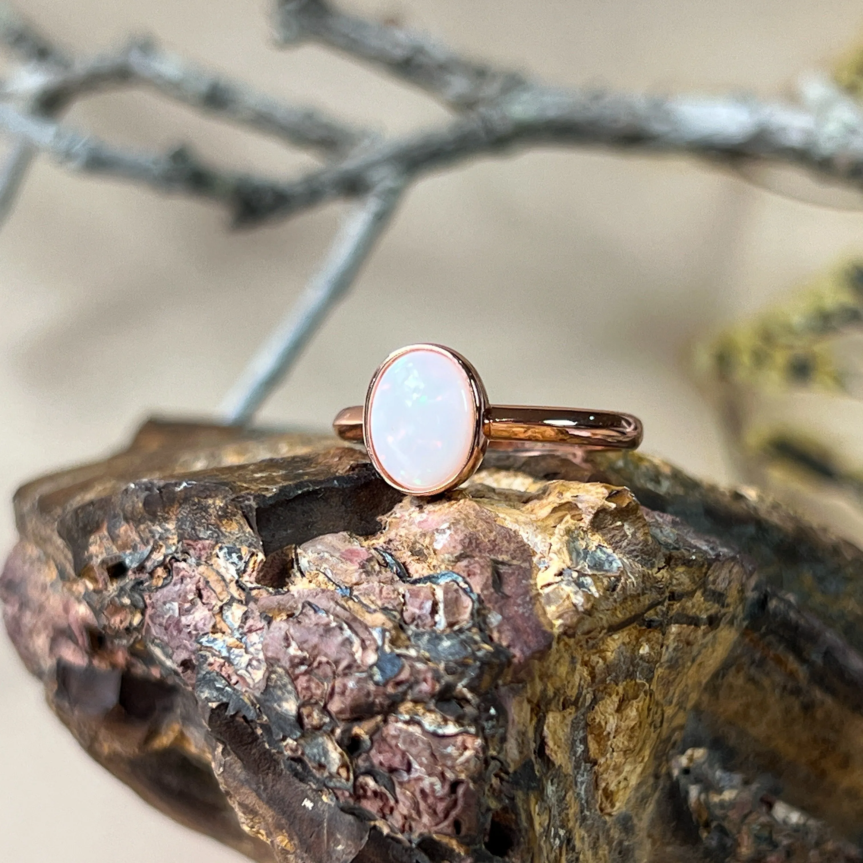 Bezel-Set Solitaire White Opal Ring - 10x8mm, Rose Gold-Plated Sterling Silver, Elegant Minimalist Jewelry, Perfect Gift for Her