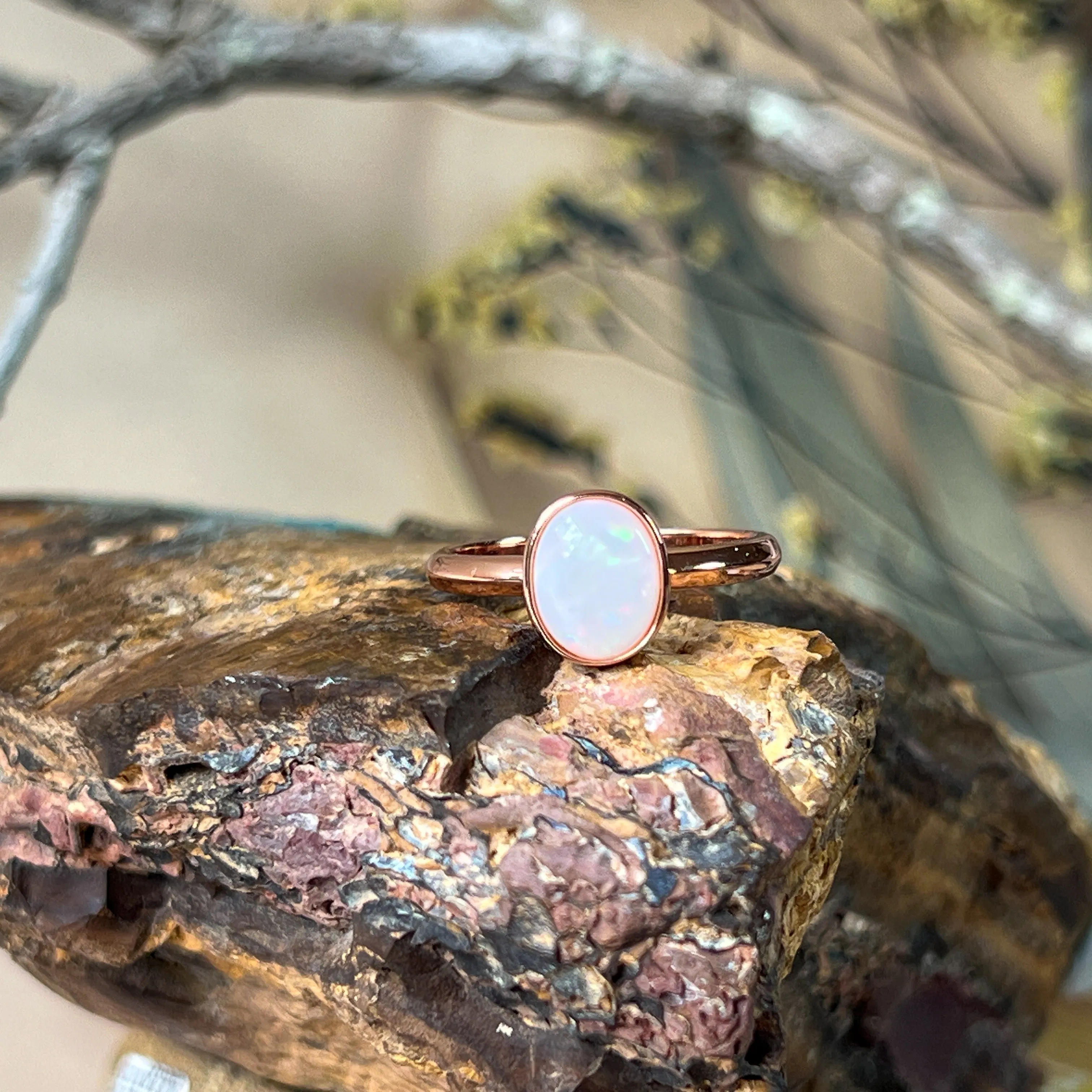 Bezel-Set Solitaire White Opal Ring - 10x8mm, Rose Gold-Plated Sterling Silver, Elegant Minimalist Jewelry, Perfect Gift for Her