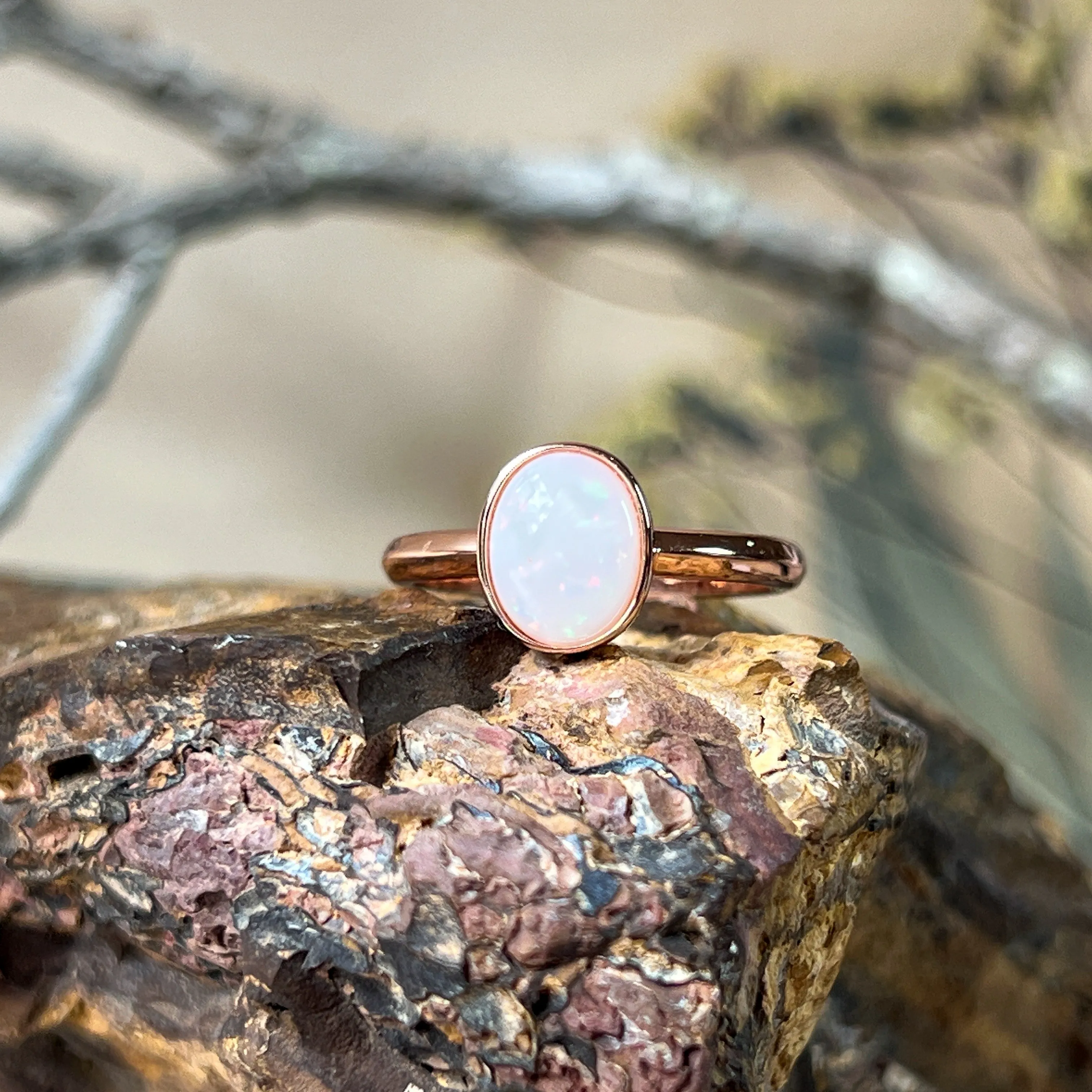 Bezel-Set Solitaire White Opal Ring - 10x8mm, Rose Gold-Plated Sterling Silver, Elegant Minimalist Jewelry, Perfect Gift for Her