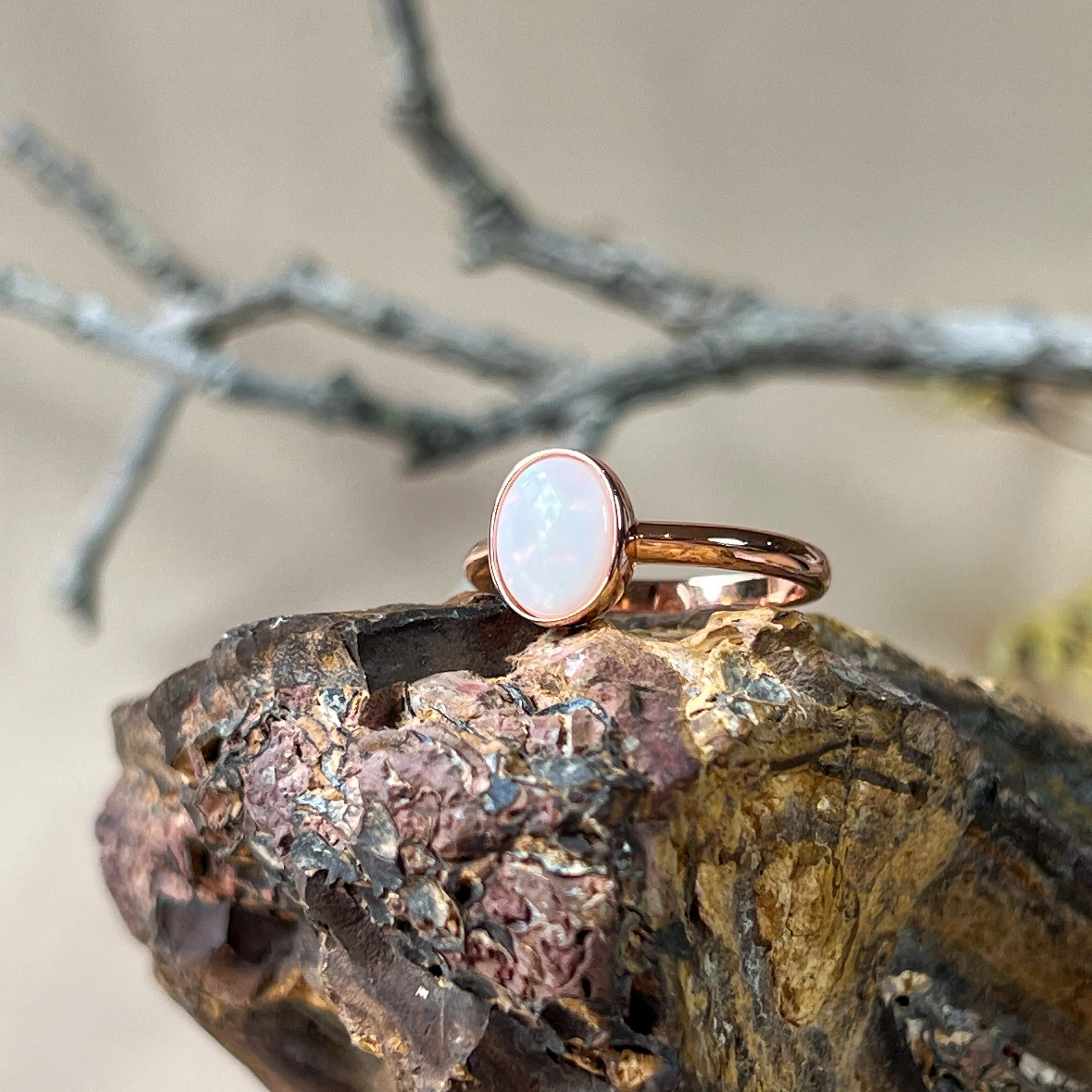 Bezel-Set Solitaire White Opal Ring - 10x8mm, Rose Gold-Plated Sterling Silver, Elegant Minimalist Jewelry, Perfect Gift for Her