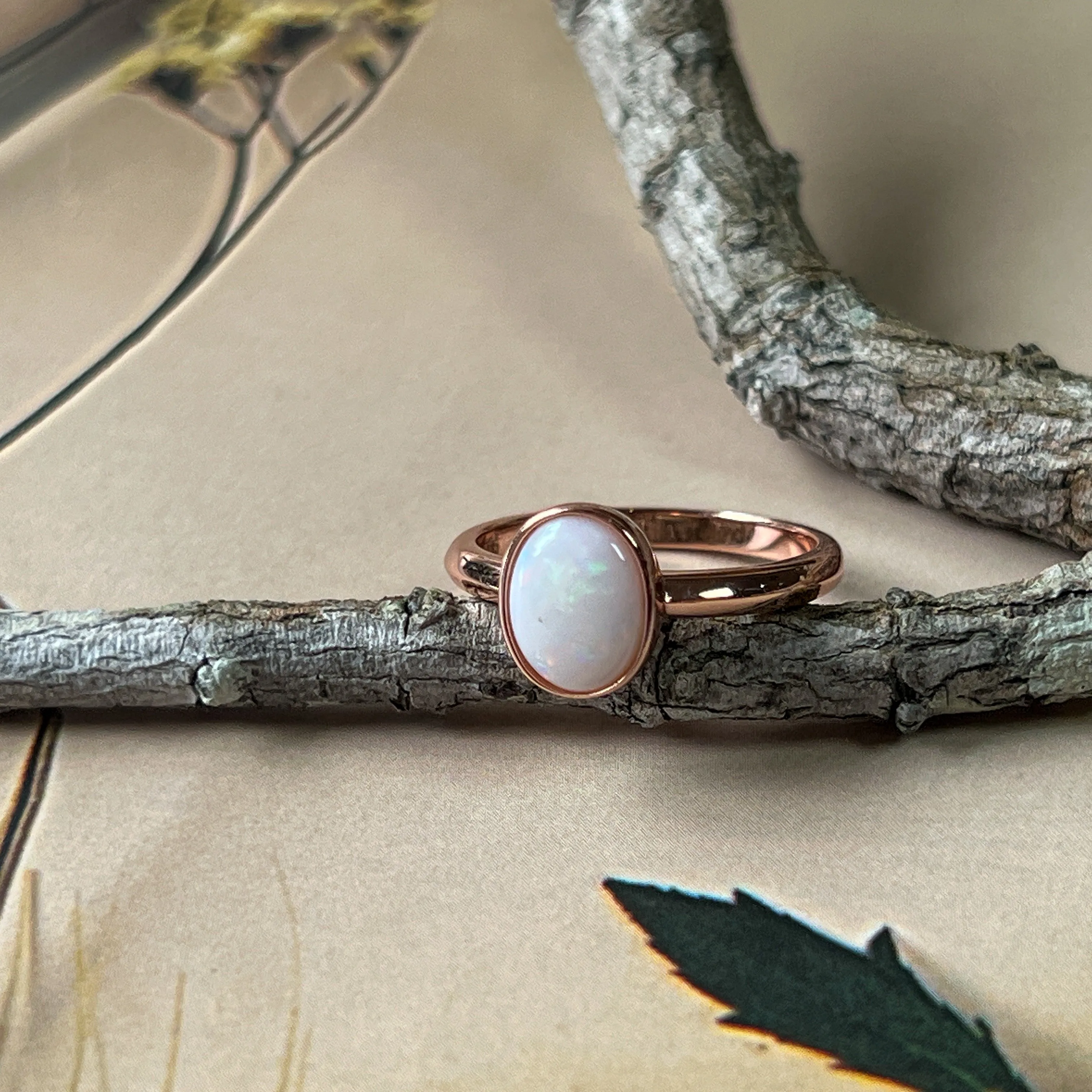 Bezel-Set Solitaire White Opal Ring - 10x8mm, Rose Gold-Plated Sterling Silver, Elegant Minimalist Jewelry, Perfect Gift for Her
